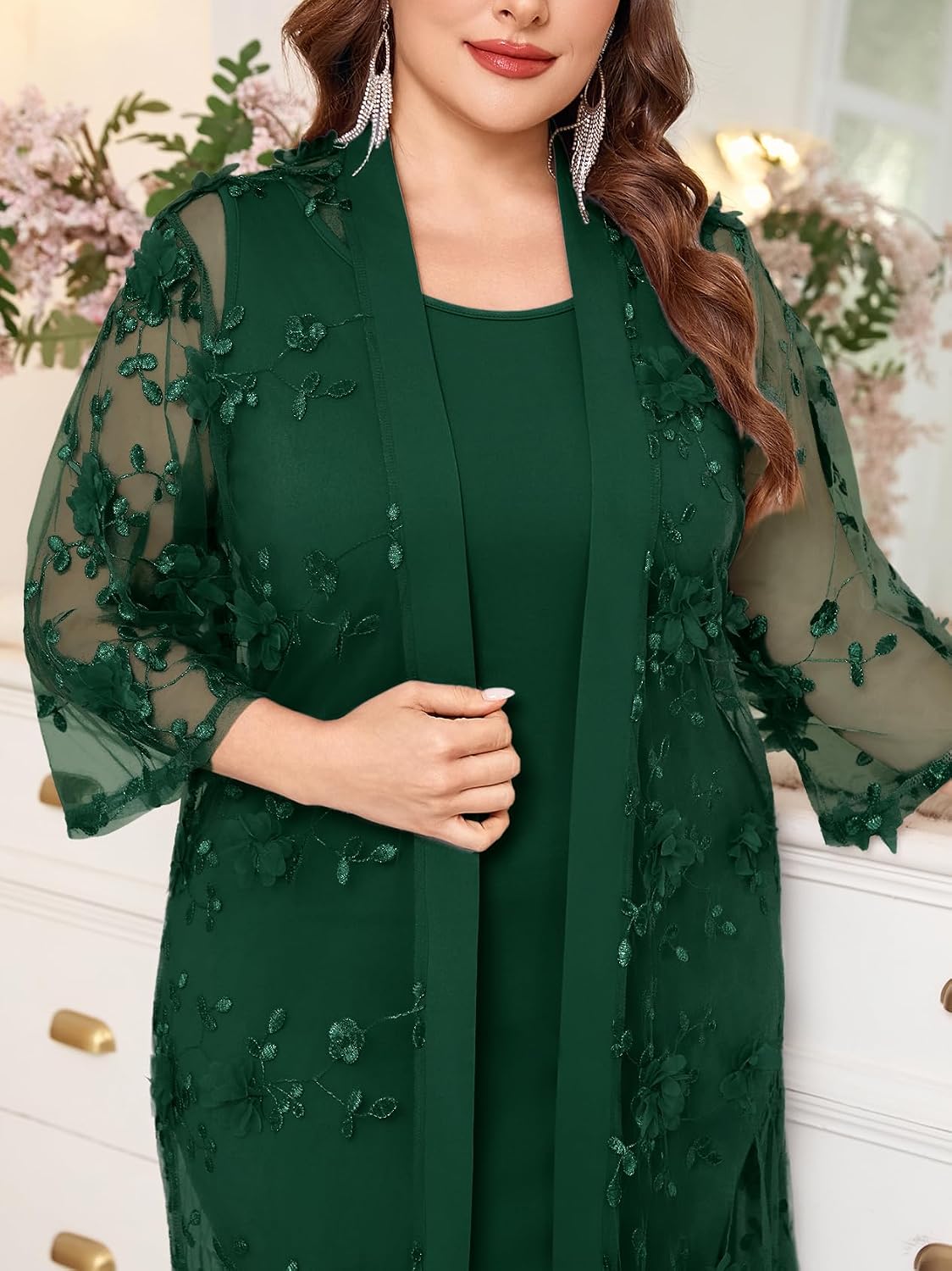 Plus Size Mother of the Bride Dress Set 2 Piece Formal Wedding Guest Outfit with 3D Floral Mesh Jacket image 2