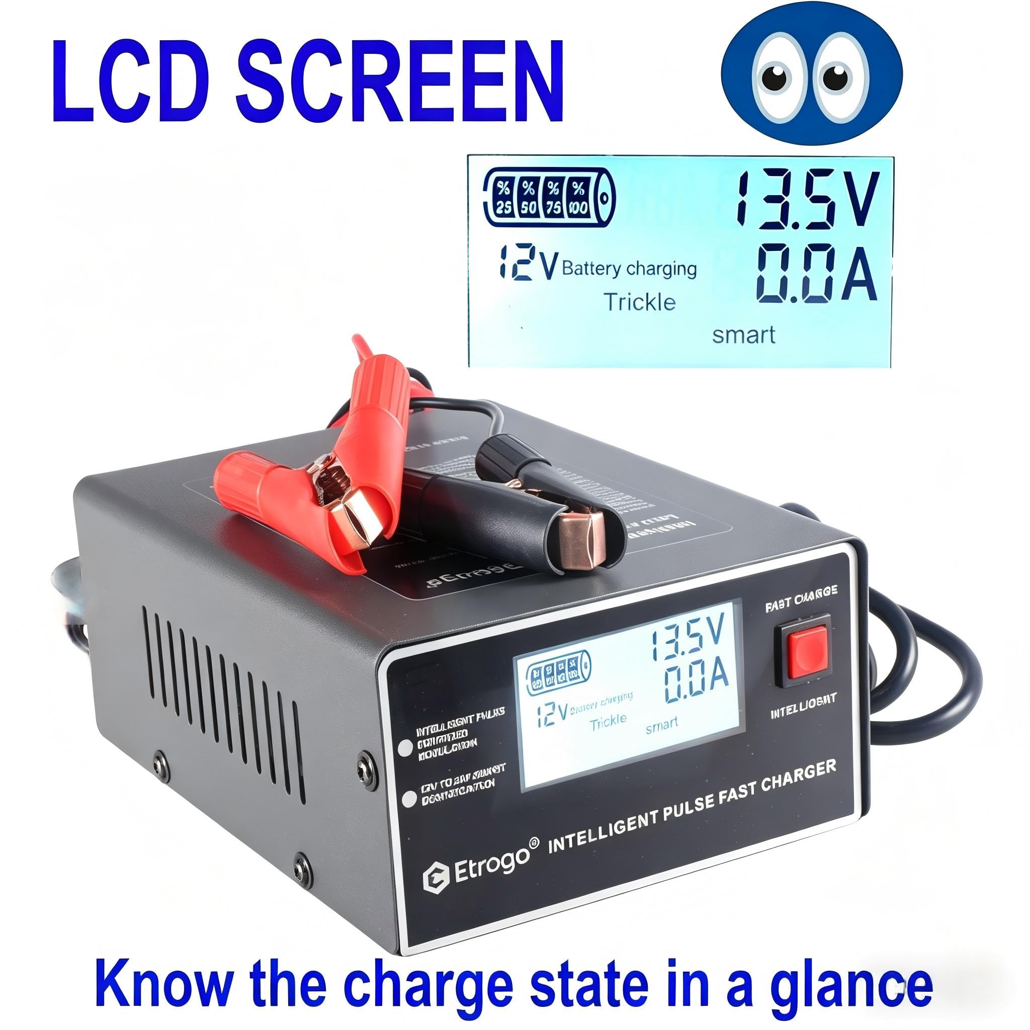 Etrogo Cargador Coche 12V 24V 10A 250W de Pulso Inteligente con Función Automática de Detección Reparación Mantenimiento con Pantalla LCD