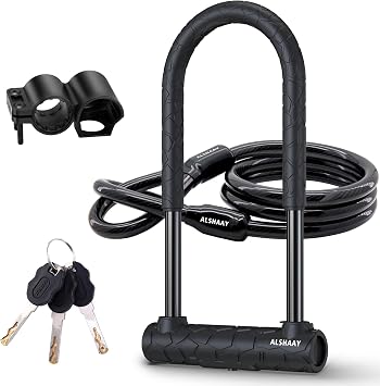 Heavy Duty Bike U Lock - Super Strong 12 Ton Shear, 20mm U Shape Lock Anti-Theft Silicone CoveredLock Keyhole with Sliding Cover 4ft Steel Cable with Mounting Bracket and 3 Keys Long