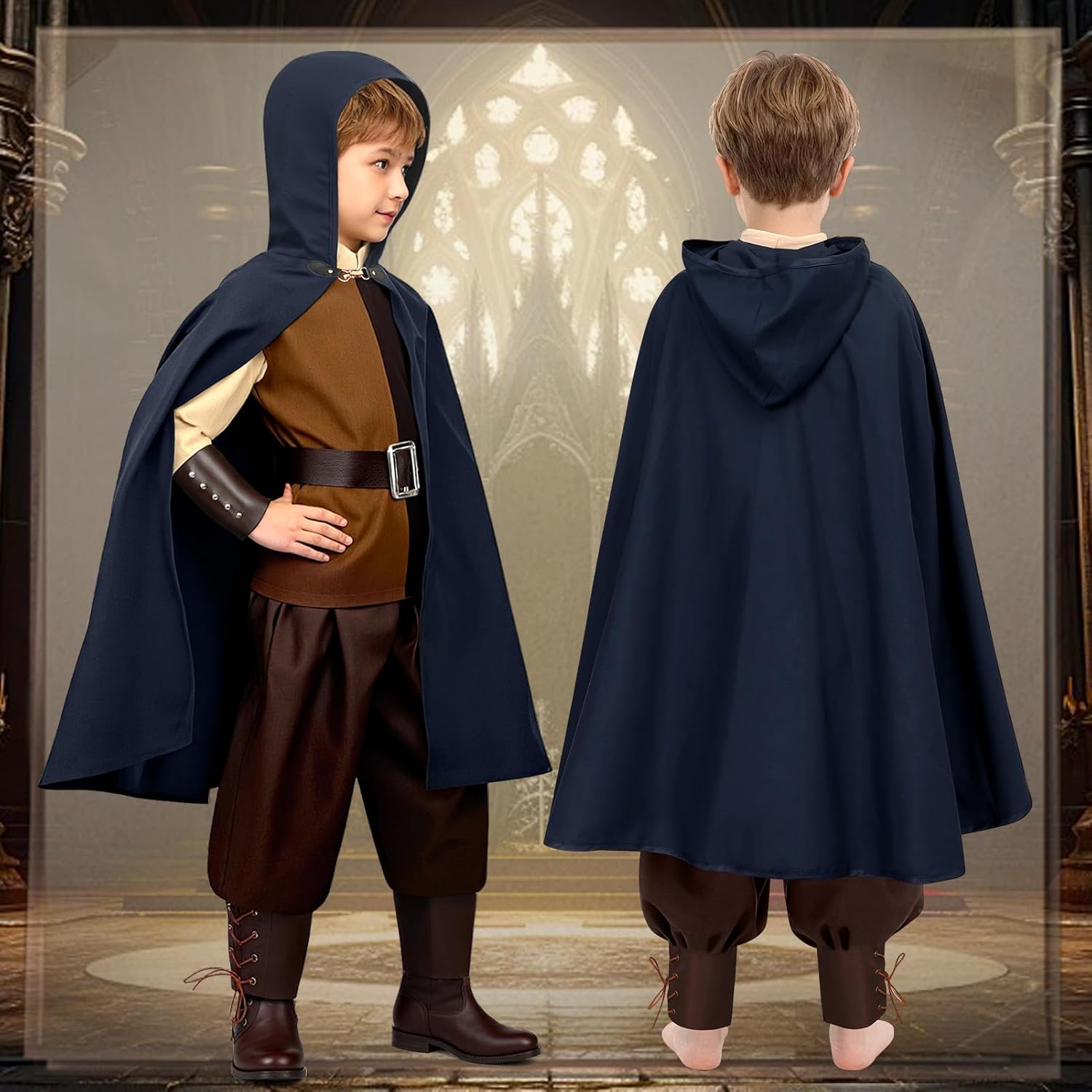 Latocos 6pcs Kids Medieval Costume Boys Renaissance Shirt Costume Hooded Pants Belt Wrist Guards Knight Outfit Halloween Set