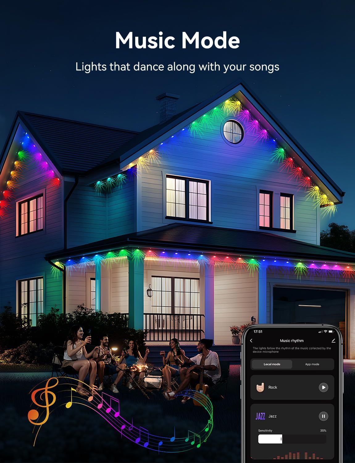 A group of friends gathered outdoors with a house lit by colorful lights, demonstrating the music sync feature. A smartphone screen shows music rhythm settings and sensitivity adjustments.