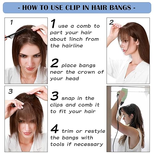 Miniatura 8 de S-noilite Flequillo de cabello humano con clip, extensión de flequillo de aire fino con sienes, 1 clip de una pieza, extensiones de cabello Remy