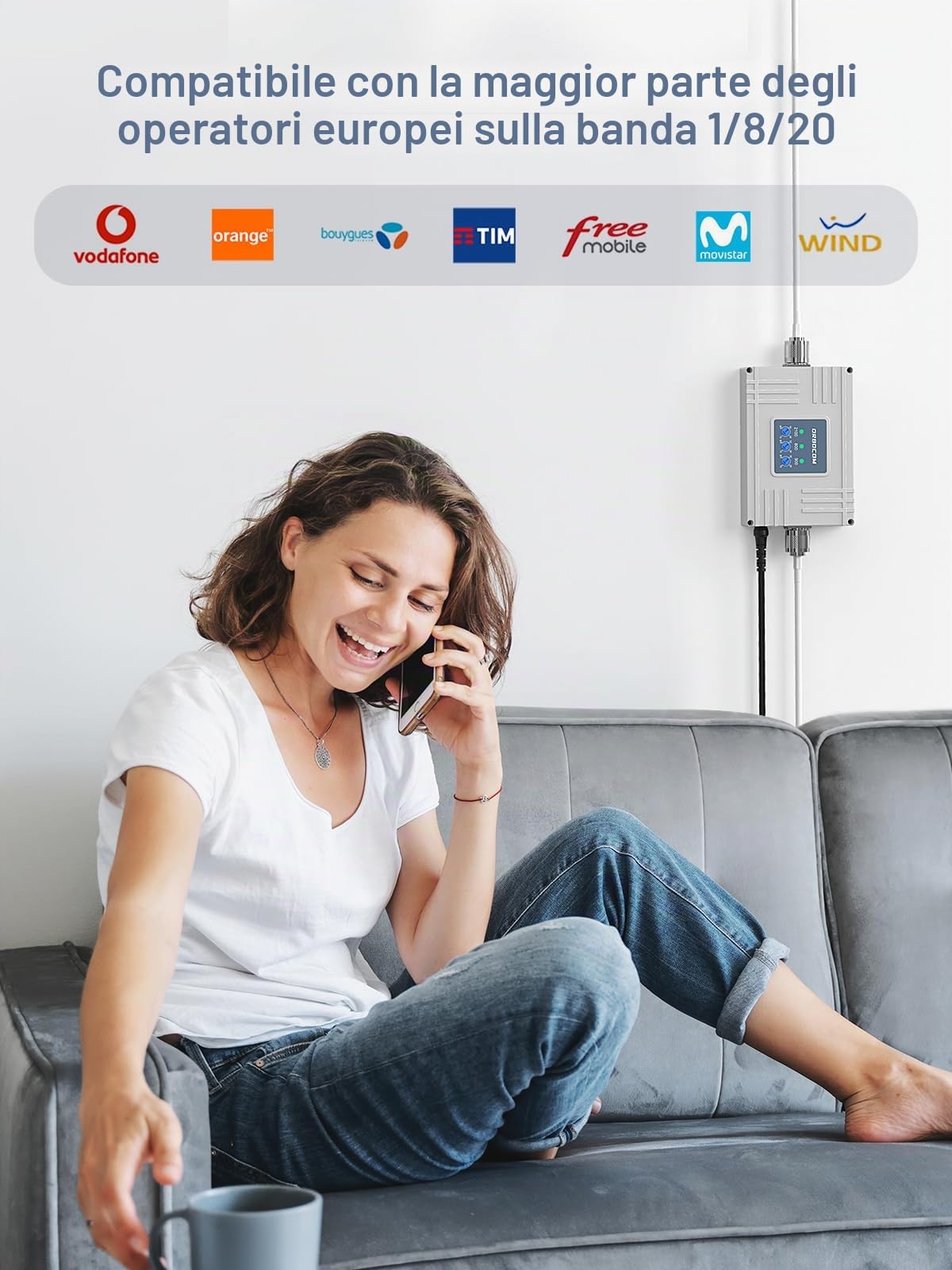 Amplificatore Segnale Cellulare Banda 1/8/20 Ripetitore GSM LTE 4G 3G 2G Per la Casa Ufficio Supporta Wind Tre TIM Vodafone,ecc Con APP di Autosviluppo,Guadagno Regolabile 70dB