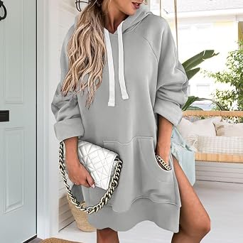 Women's Fall Oversized Cute Long Sleeve Split Hoodies Casual Loose Drawstring Fit Solid Hooded Sweatshirt with Pocket