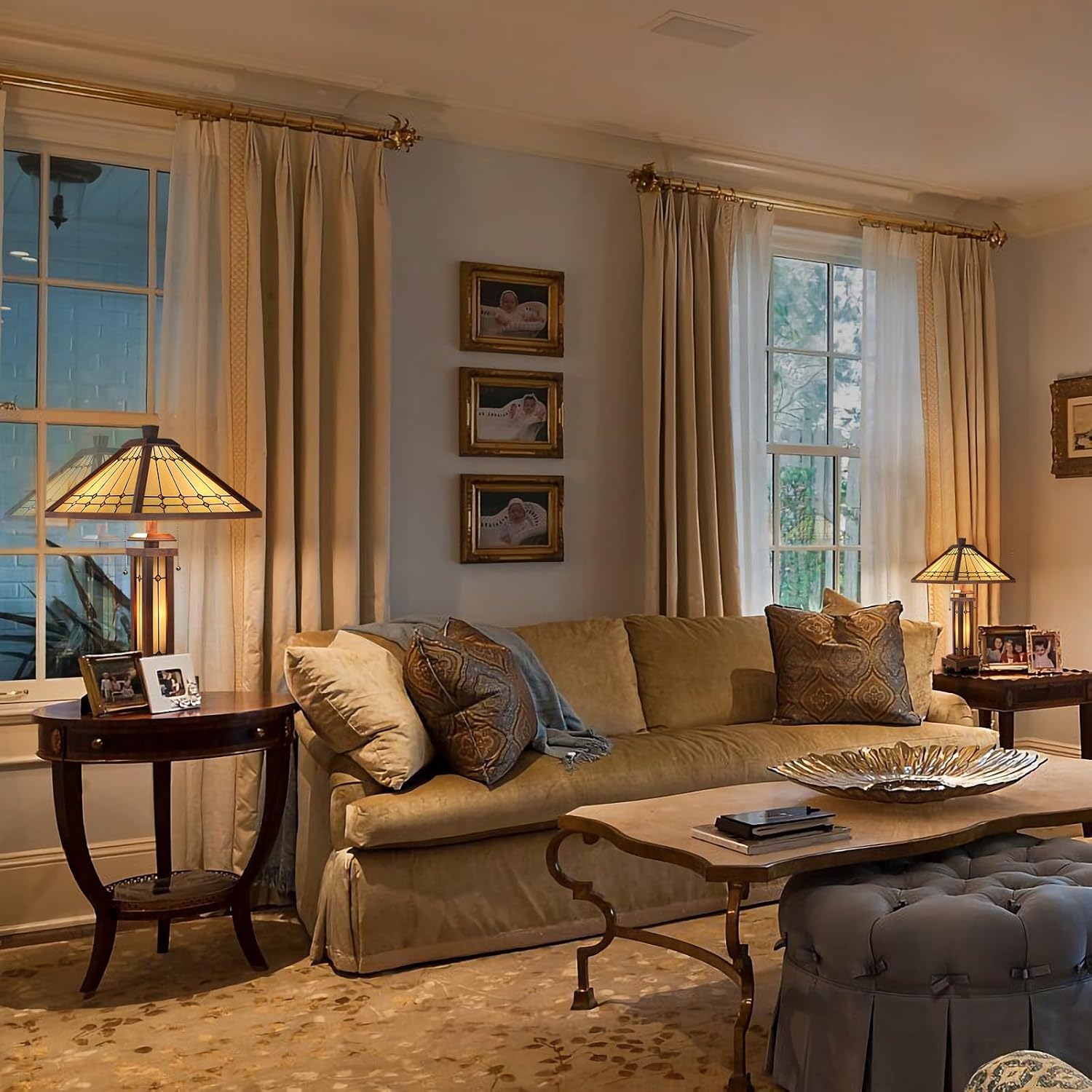 Capulina Tiffany Lamp Stained Glass Table Lamp 3-Light 15X15X26 Inches Wooden Base Mission Cream Crytal Tiffany Style Desk Lamp with Night Light Decor for Living Room Bedroom Home Office