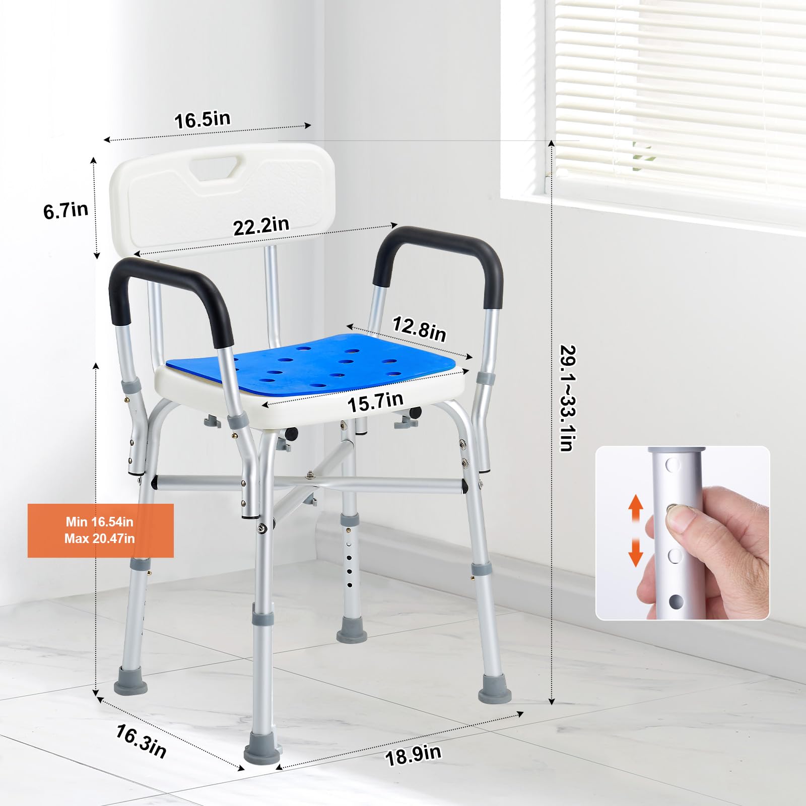 VEVOR Sedia da Doccia, Capacità di 181,4 kg Sgabello da Doccia con Barra di Attraversamento, Braccioli e Schienale Imbottiti, Sedia per Vasca Sedia da Bagno con Panca Regolabile per Anziani Disabili