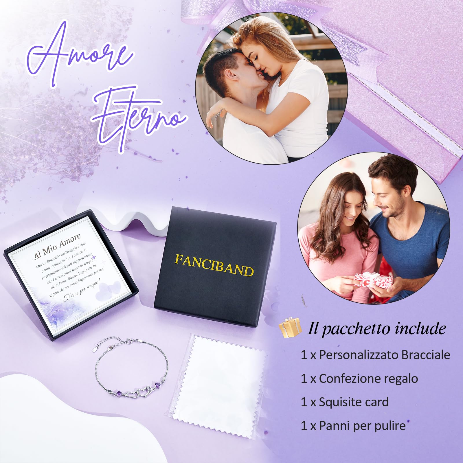 FANCIBAND Pulsera de mujer de plata 925 con doble corazón con circonita púrpura, personalizada, pulseras de mujer plateadas, regalo de cumpleaños de San Valentín para ella esposa novia, Talla única,
