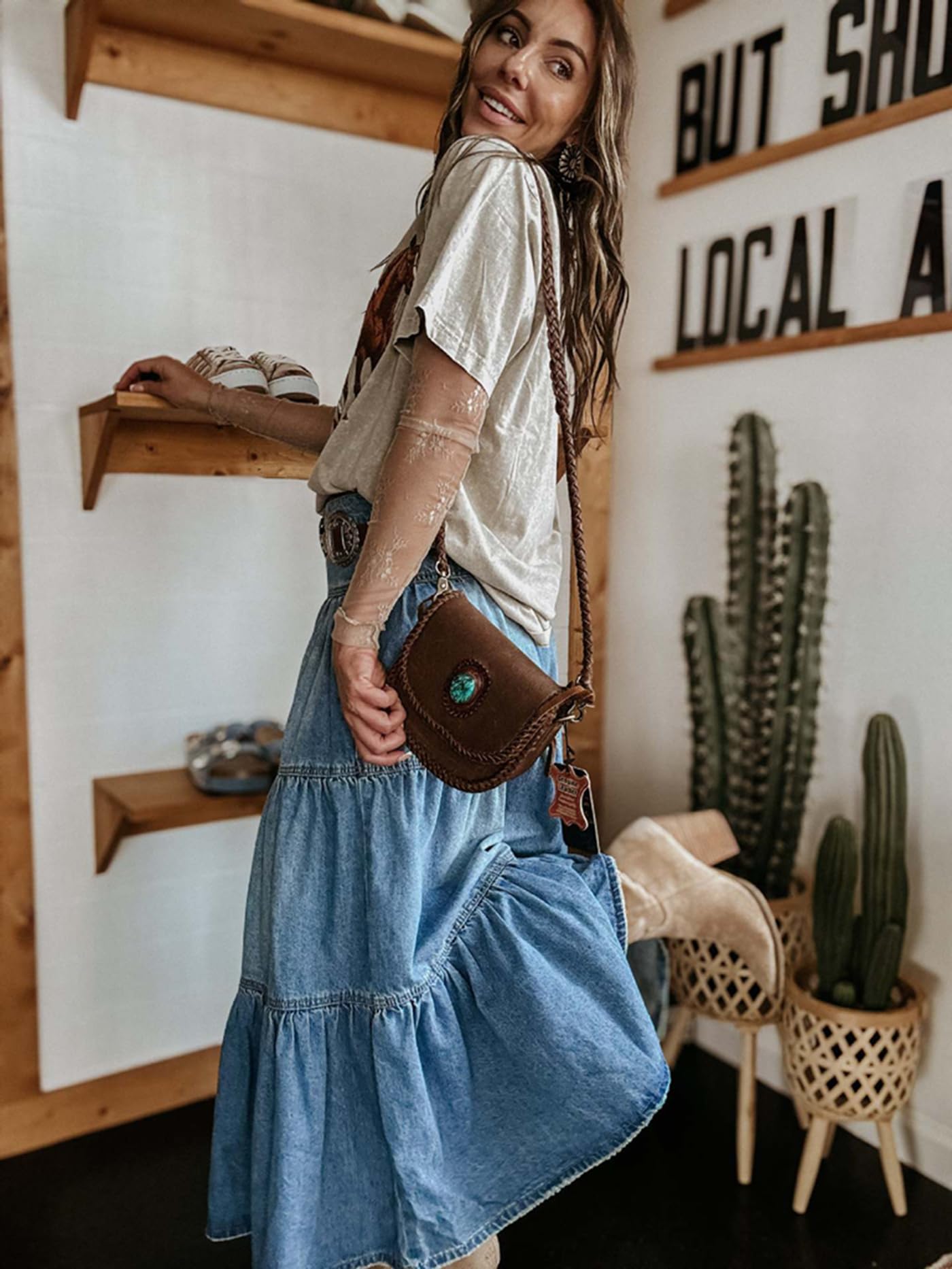 Jeansröcke für Damen Lang, Boho A-Linie Stufenrock im Denim-Look, Länge bis zum Knöchel Pflegeleichter Polyester-Mix Maxirock, Knitterarm für Freizeit Urlaub Alltag