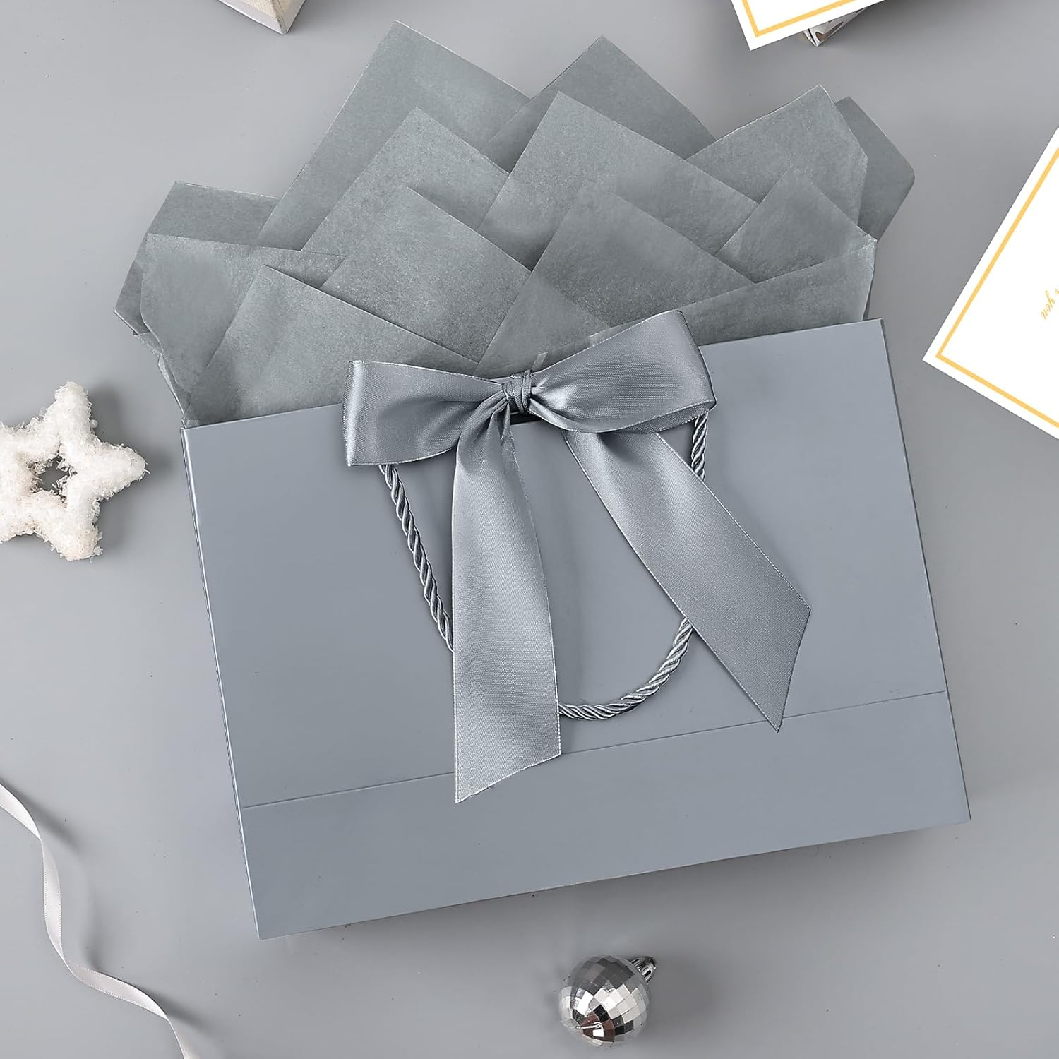 YoungTree 2PCS Medium Gift Bags with Ribbon and 2 Greeting Cards 4 Tissue Papers, Paper Birthday Gift Bags with Handles, Present Bags for Valentines Day Wedding Baby Shower Party Supplies (Silver) - Image 4