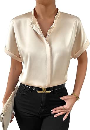 Chigant Women's Short Sleeve Satin Blouses Casual Loose Crewneck Silk