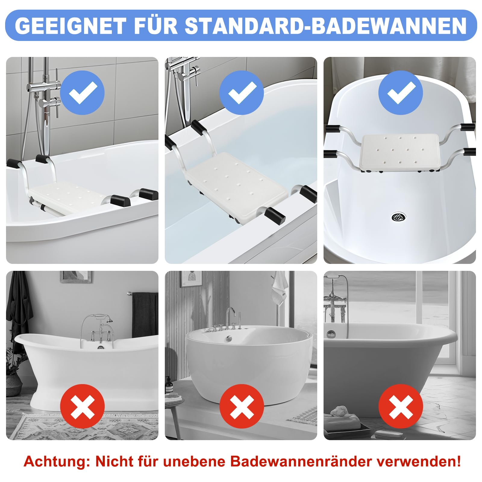 Asiento de bañera para personas mayores con acolchado de EVA azul, asiento de ducha antideslizante para bañera, diseño de alto contraste, ancho ajustable en 2 niveles (71/81 cm), aluminio, soporta