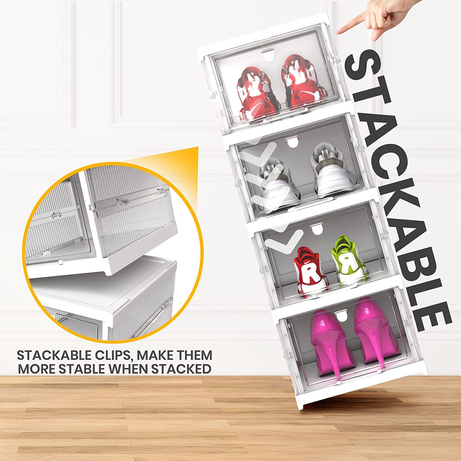 LOOKMINT Shoe Organizer Boxes Foldable Pack of 3 Stackable Shoe Boxes Clear Shoe Containers Versatile Narrow Shoe Rack for Sneakers Transparent Plastic Fit Up to US Size 12, Easy Assembly, White 2