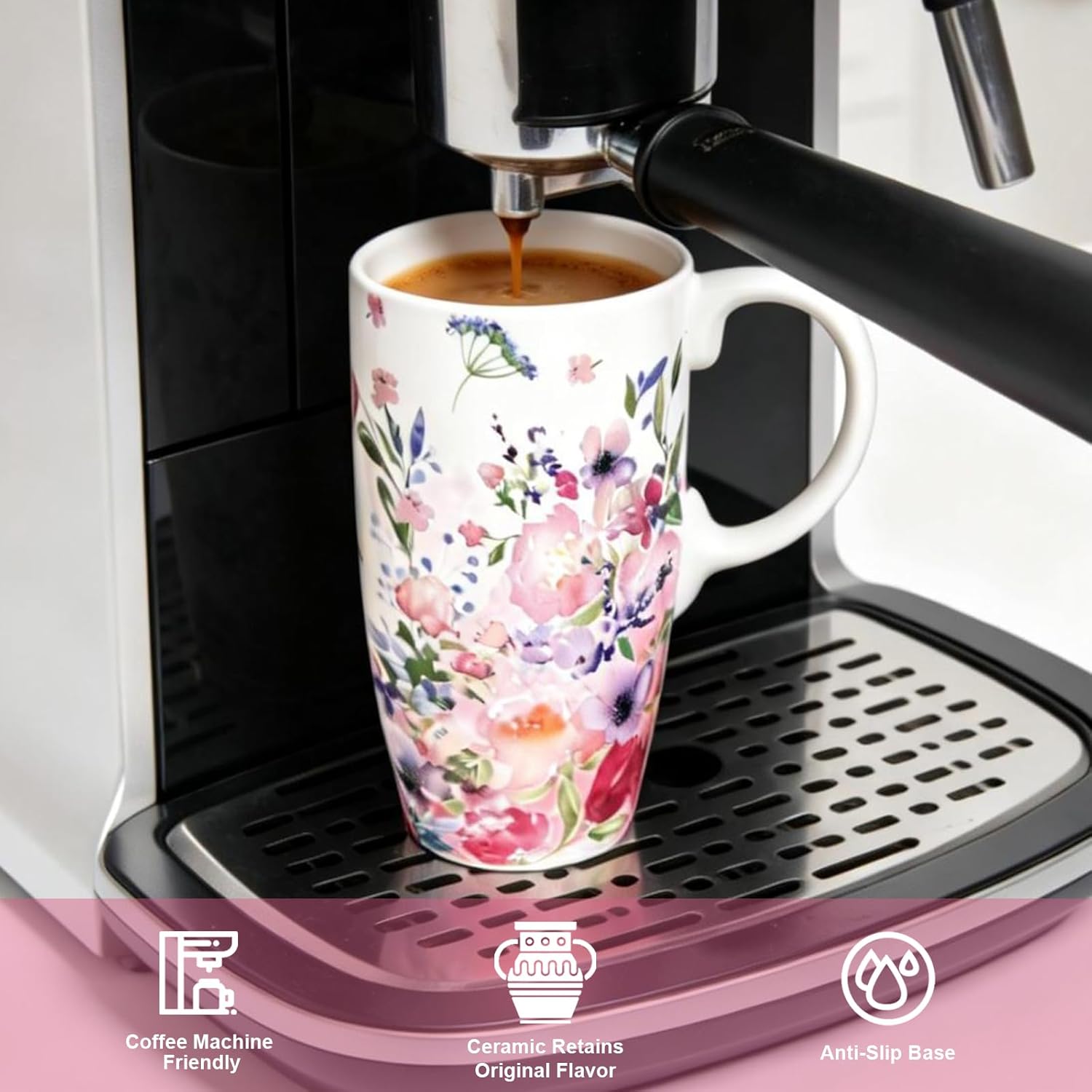 Topadorn Ceramic Coffee Mug Travel Cup Gift with Lid 17oz, Porcelain Tall Tea Cup with Handle for Home & Office, White & Pink Flower Art Pattern Mug in Gift Box, 6.5''H - Image 5