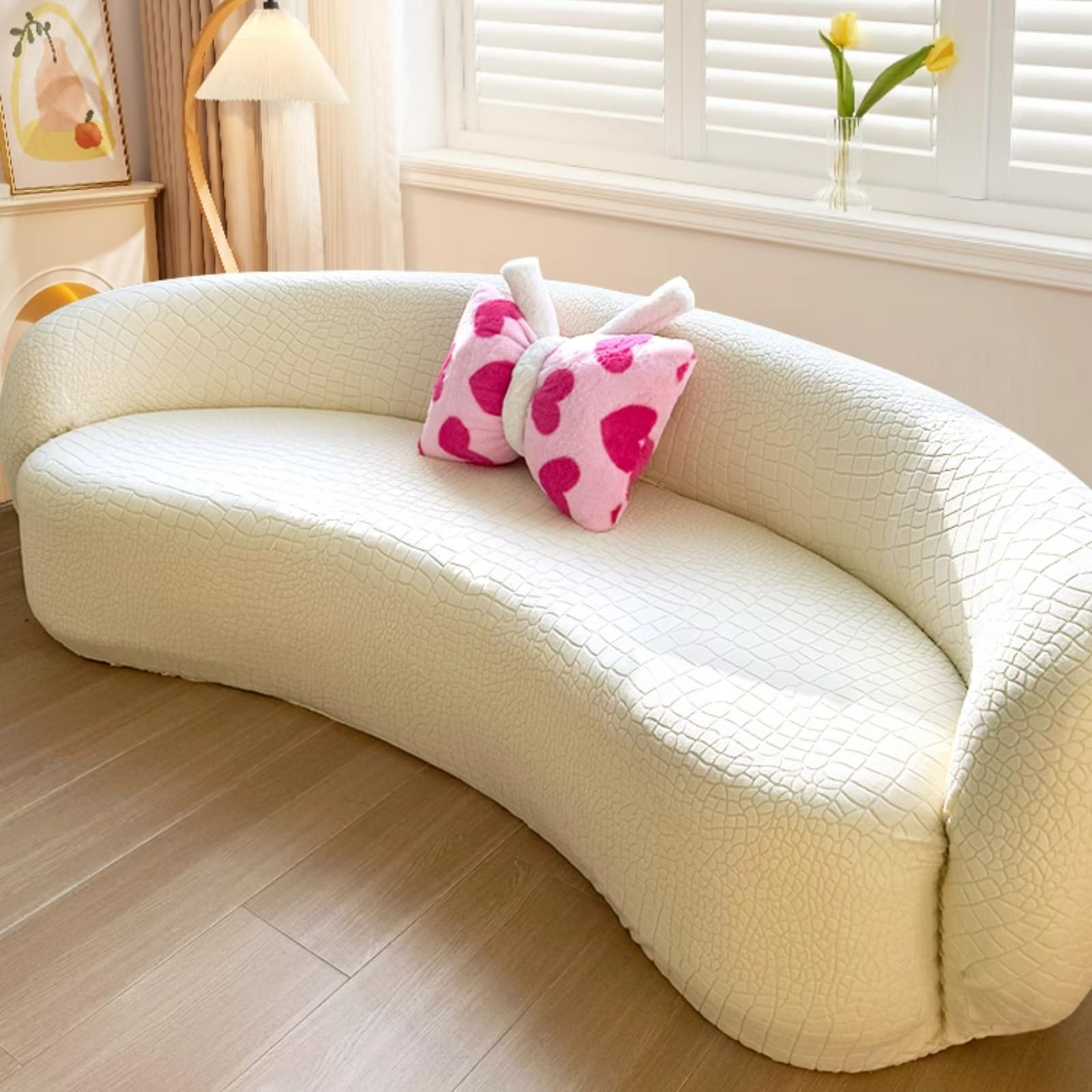 YOCOVER Stretch Semi-Circular Curved Sofa Cover, Curved Couch Cover Non-Slip Modern Cloud Sectional Sofa Slipcover (Beige,4seat [ 92-118 inch])