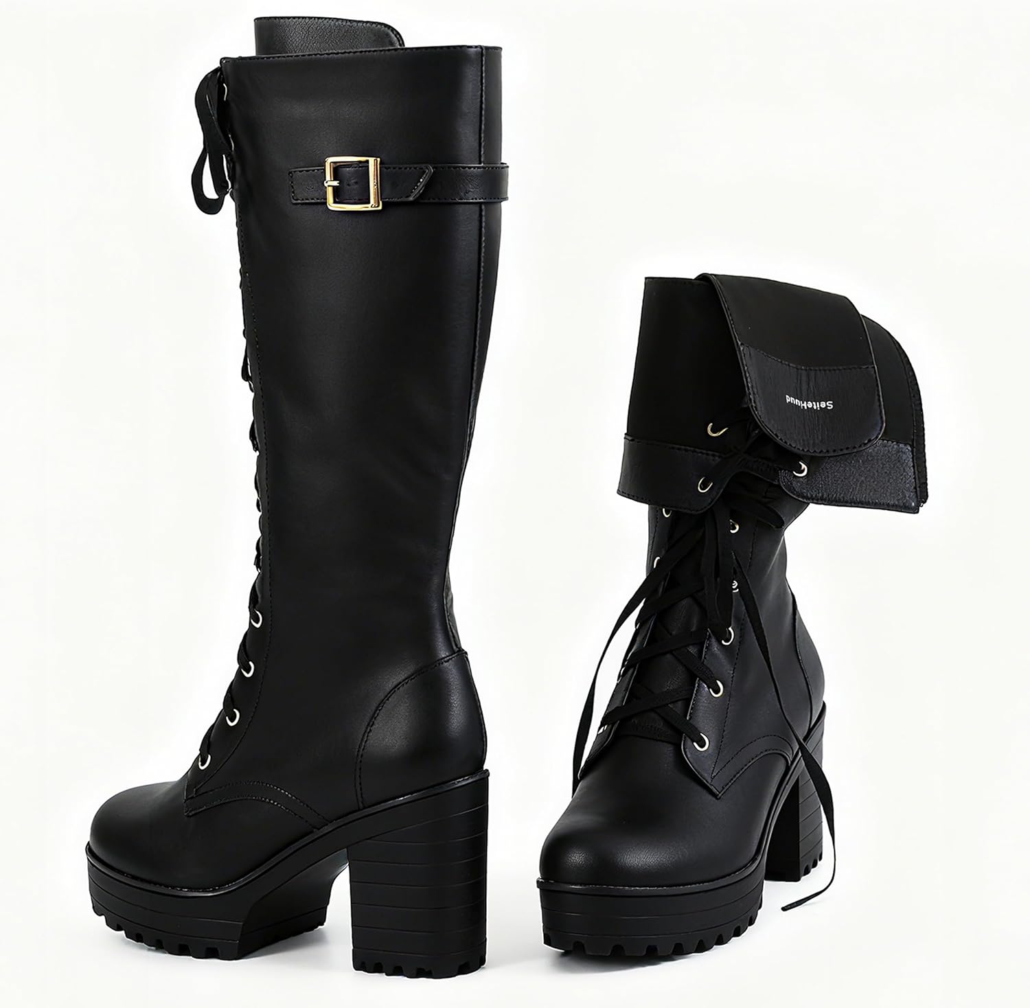 Ladies' Boots Women Fashion Platform Block Heels Knee High Boots Lace up - Image 6