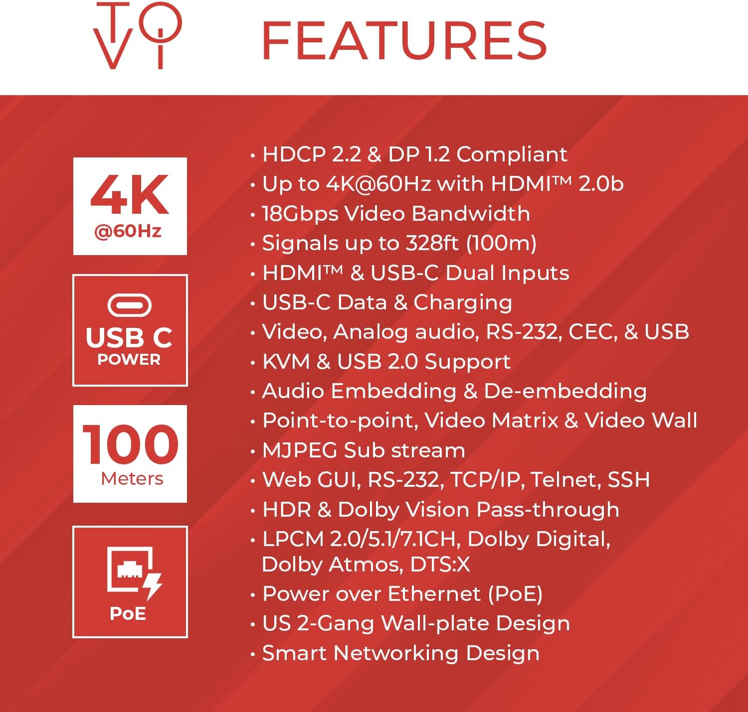 ToVi X4UH-WUC-ETX 4K60 HDMI & USB-C Wall-Plate AV Over IP Encoder with KVM, PoE, HDR10/Dolby Vision, Dolby Atmos/DTS:X Audio, RS-232, CEC & Web GUI Control
