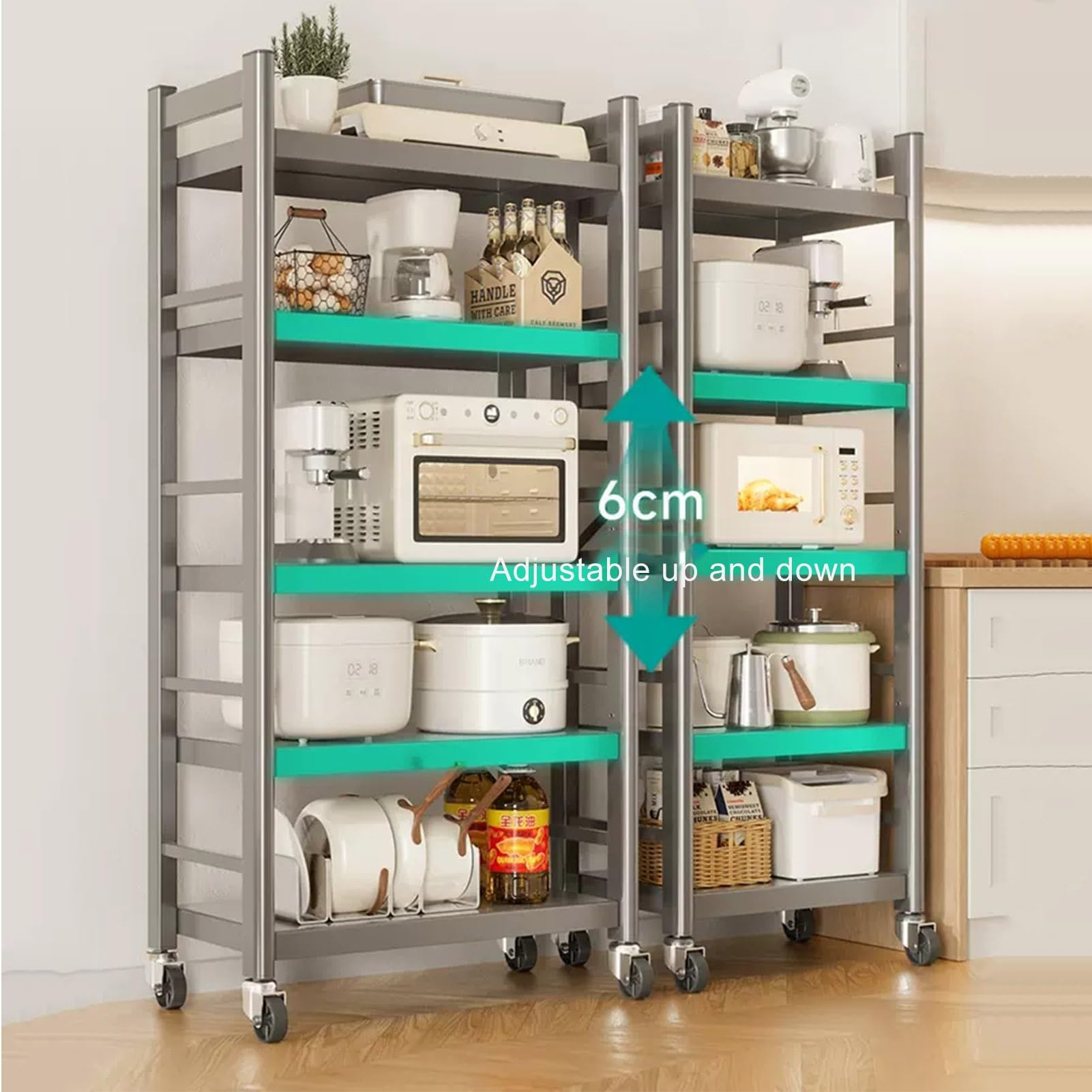 Stojak na kuchenkę mikrofalową, wolnostojący stojak do piekarników, stojak na mikrofalówkę, metalowa półka kuchenna z 4 kółkami, regulowane półki, na naczynia, przyprawy, garnki i patelnie