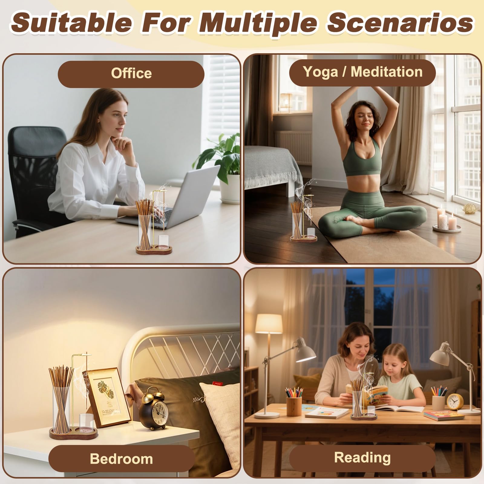 2 in 1 Porta Incenso con Base Legno, Contenitore Cenere Vetro Rimovibile, Organizer Raccogli Cenere, Portaincenso Capovolto Bastoncini per Meditazione, Yoga, Spa, Decorazione Casa (Marrone)