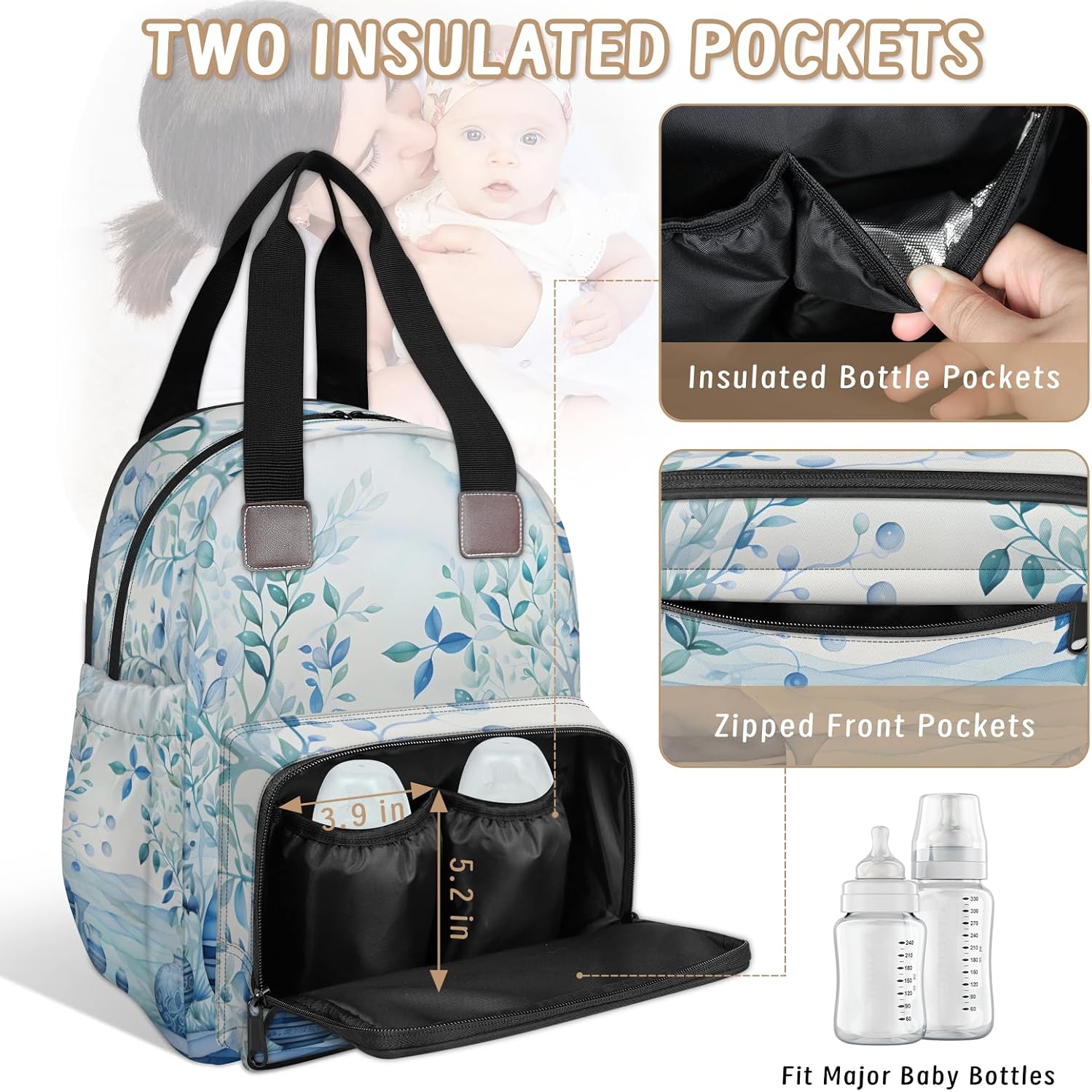 Blue branches and leaves Diaper Bag Backpack-Multi-functional mother and baby bag Thermal compartment USB charging port Large capacity Multi-pocket organizer Stroller can be hung Travel shopping