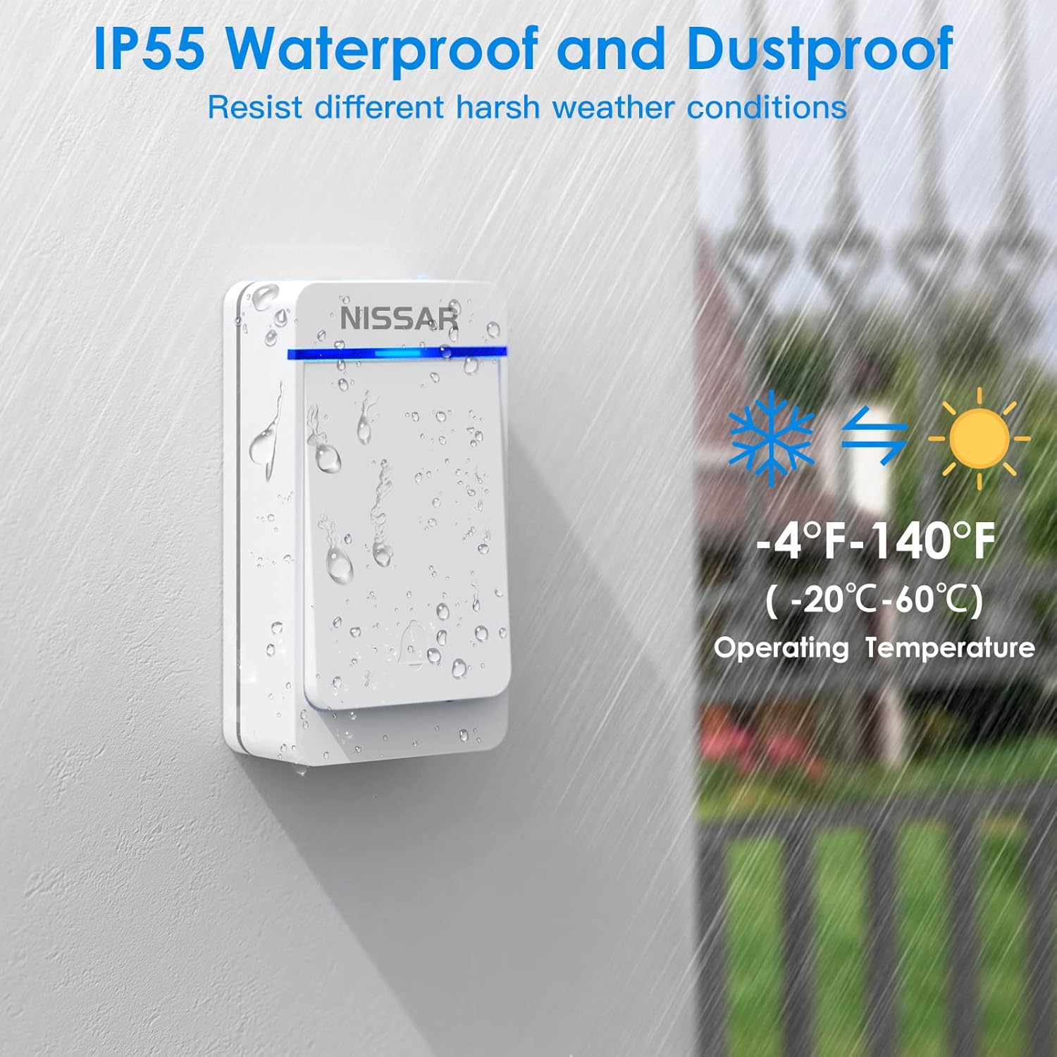 Nissar Wireless Doorbell kit - Wireless Doorbell with Extra Socket Waterproof Cordless Door Chime Ringer Button, Up to 1000ft Range with 38 Chimes, 5-Level Volume & LED Light (White) - - 
