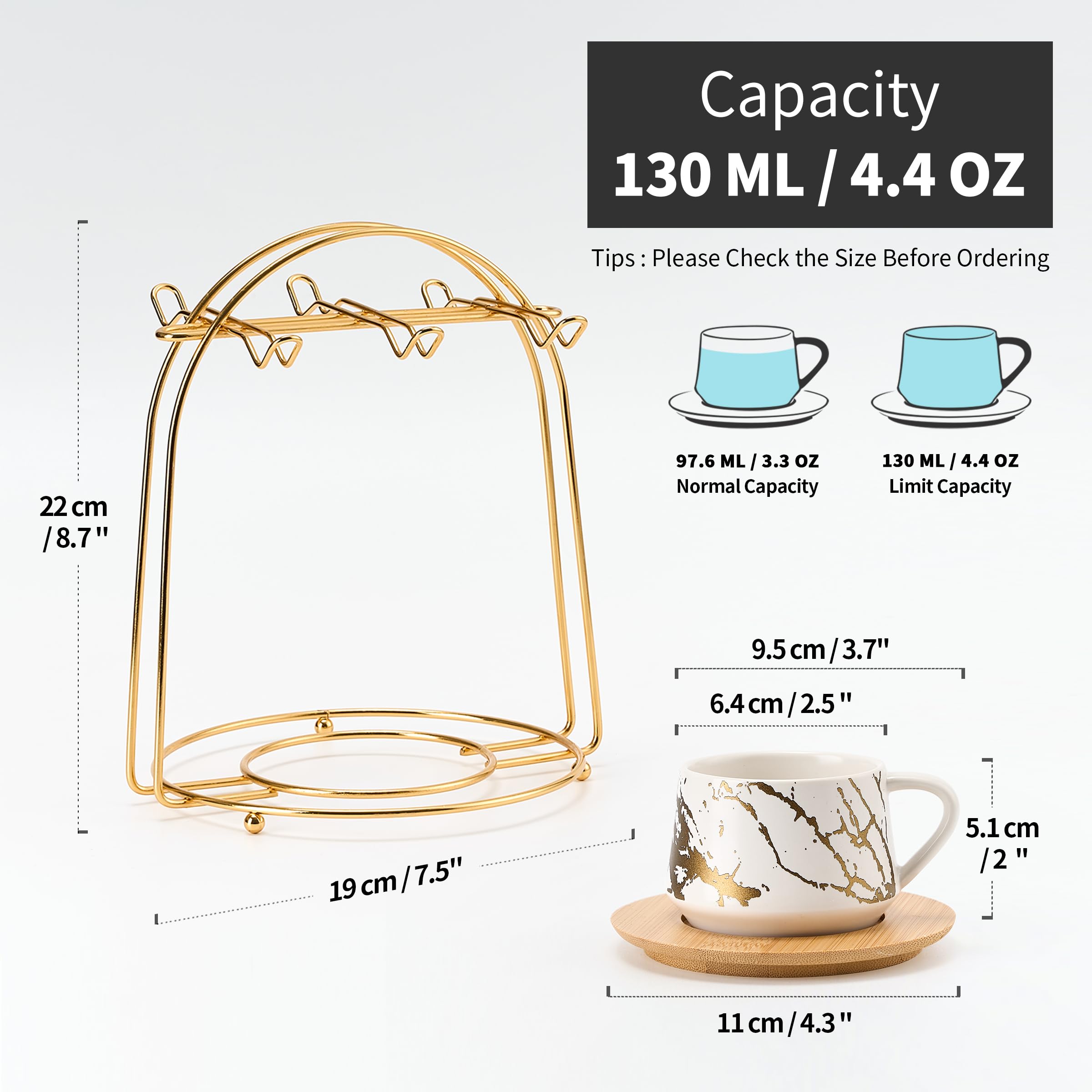 PORCER Juego de tazas de café de cerámica y platillos de madera con soporte dorado de metal, elegante diseño de mármol, tazas apilables para cappuccino, expreso, bebidas de café especializadas, latte