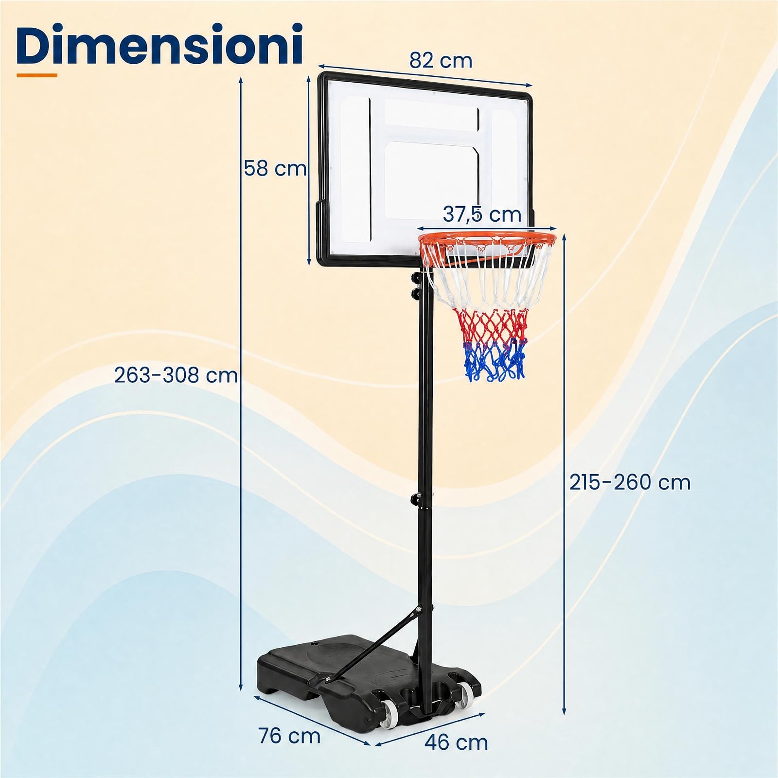 GYMAX Canestro da Basket per Adolesenti e Adulti, Altezza 263-308 cm