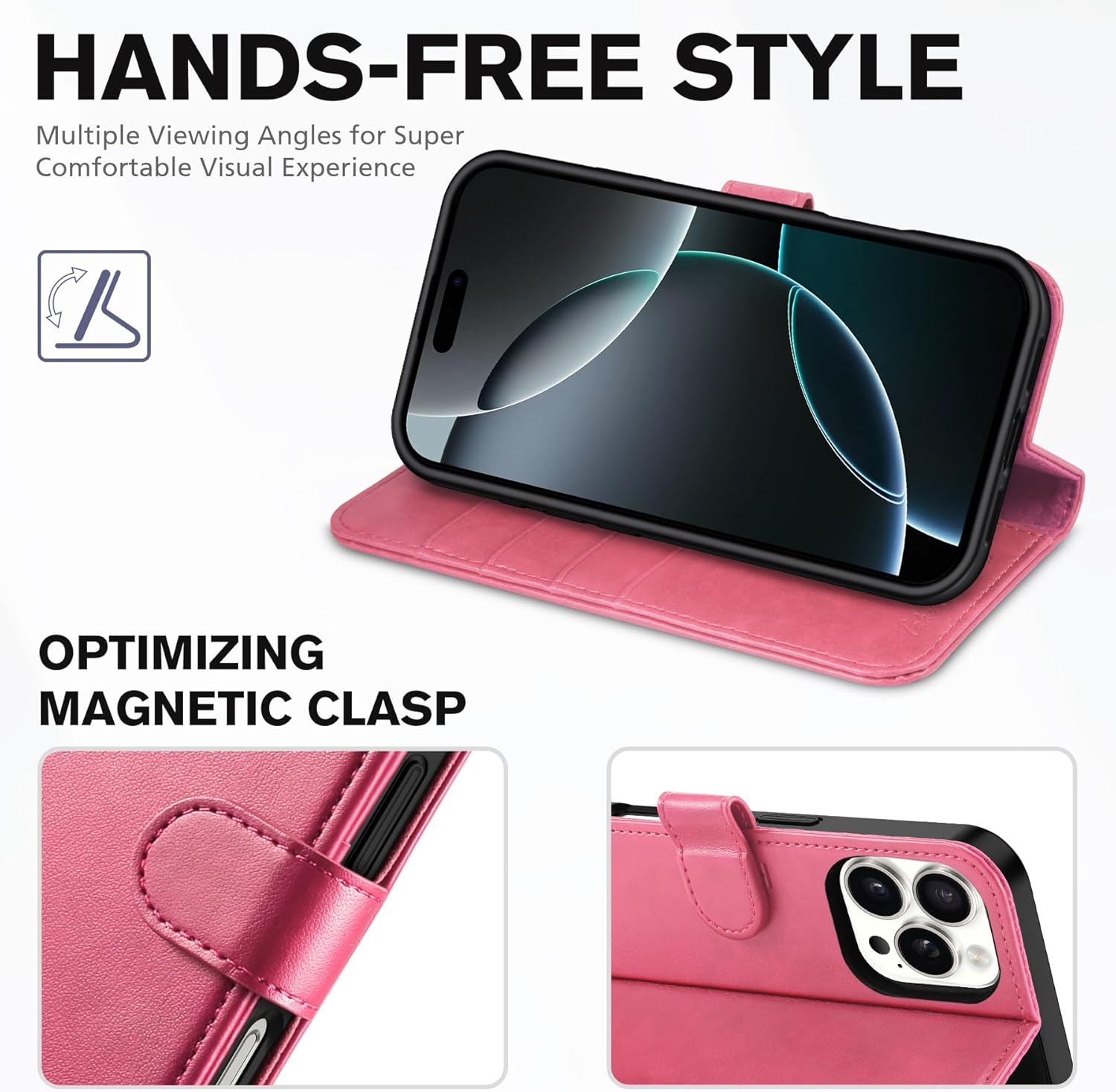 TUCCH Wallet Case for iPhone 16 Pro, Flip Wallet PU Leather Magnetic Protective Cover with [RFID Blocking] [4 Card Slots] Stand [TPU Interior Case] Compatible with iPhone 16 Pro, Hot Pink