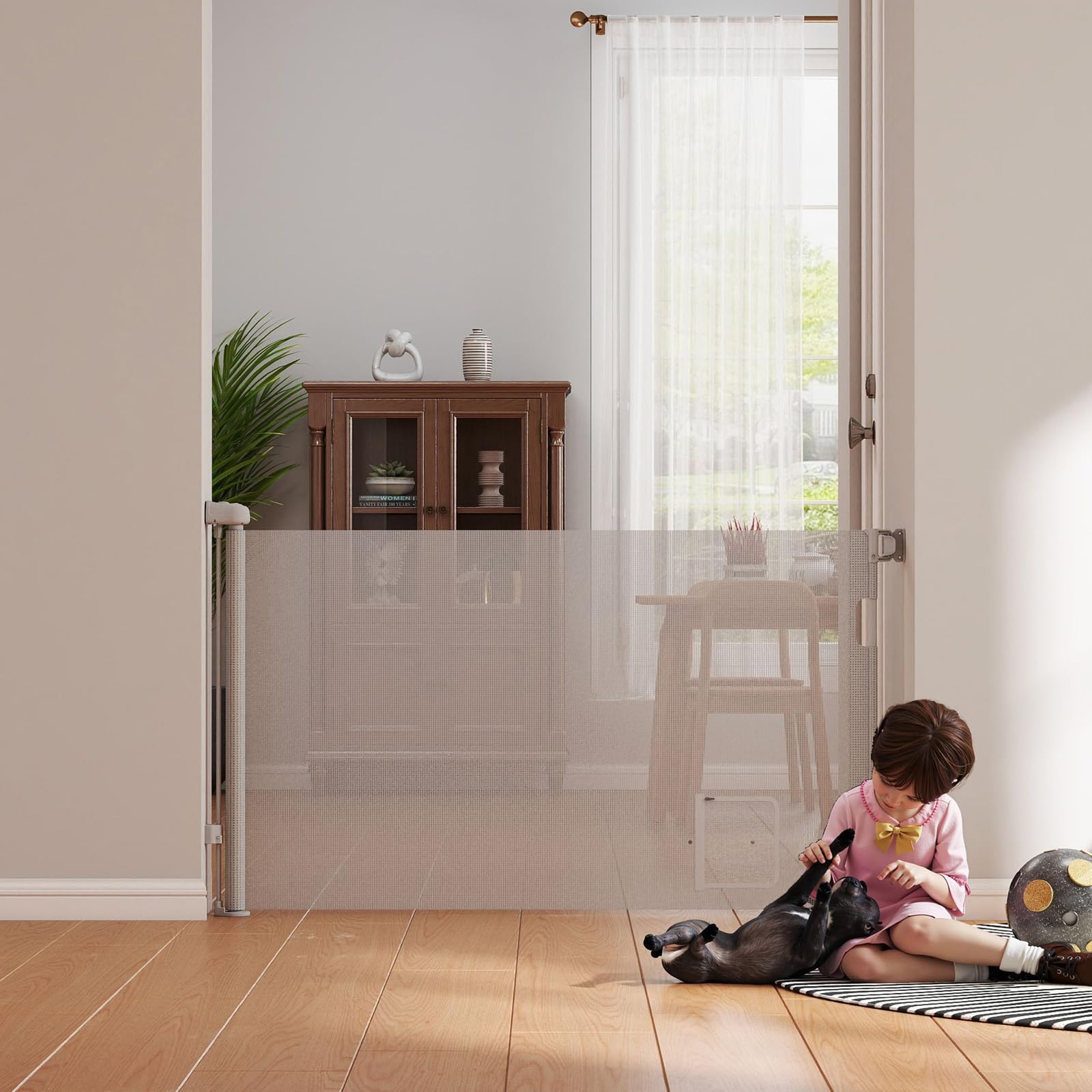 homewell 150cm Treppenschutzgitter Ausziehbare für Babys, Türschutzgitter mit Katzenklappe, Türschutz für Treppen/Türen/Innen & Außen, Einhändig Bedienbar