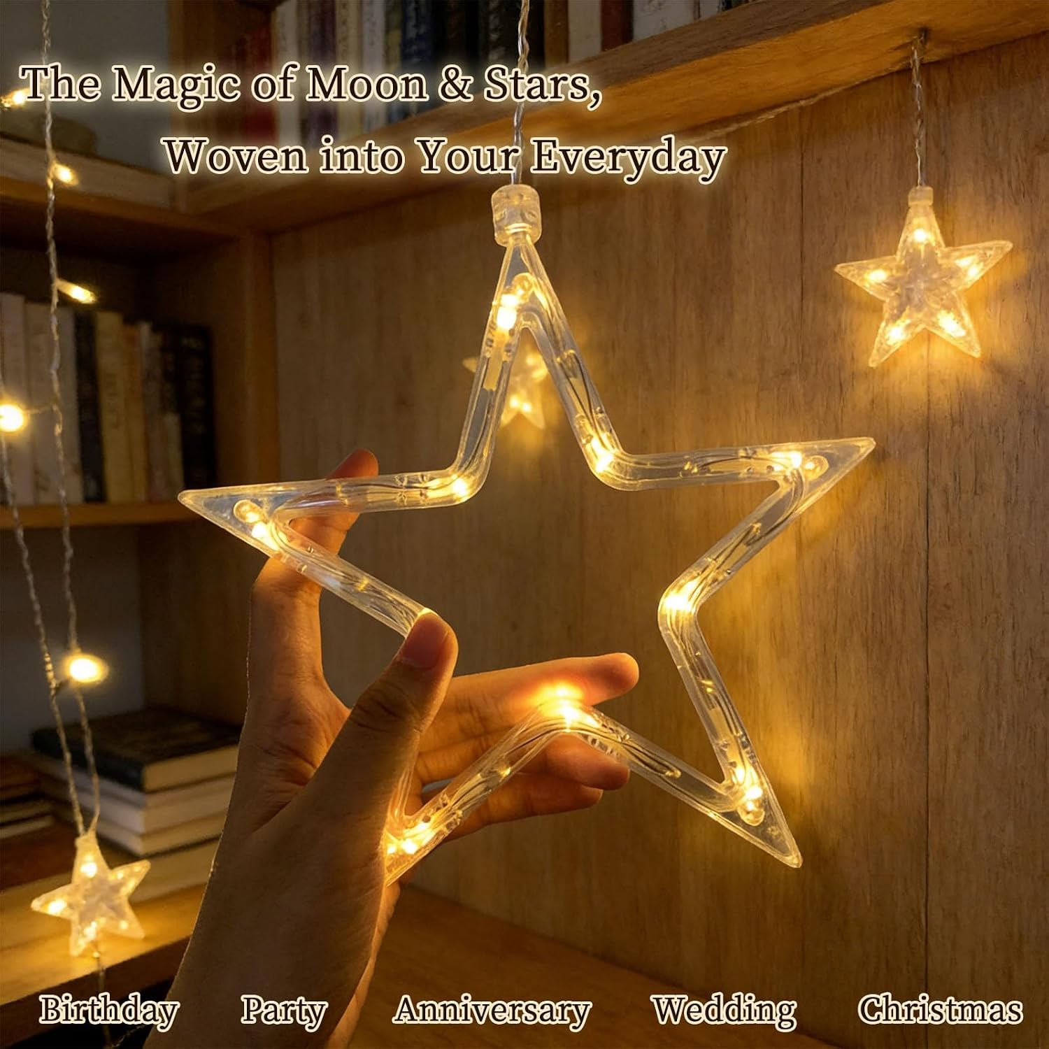 Moon Star Curtain String Lights, 11.5ft 120LED Moon Fairy Lights with USB & Battery Operated(Not Include) 8 Lighting Modes IP65 Waterproof Starry Night Lights for Christmas Ramadan Wedding Birthday
