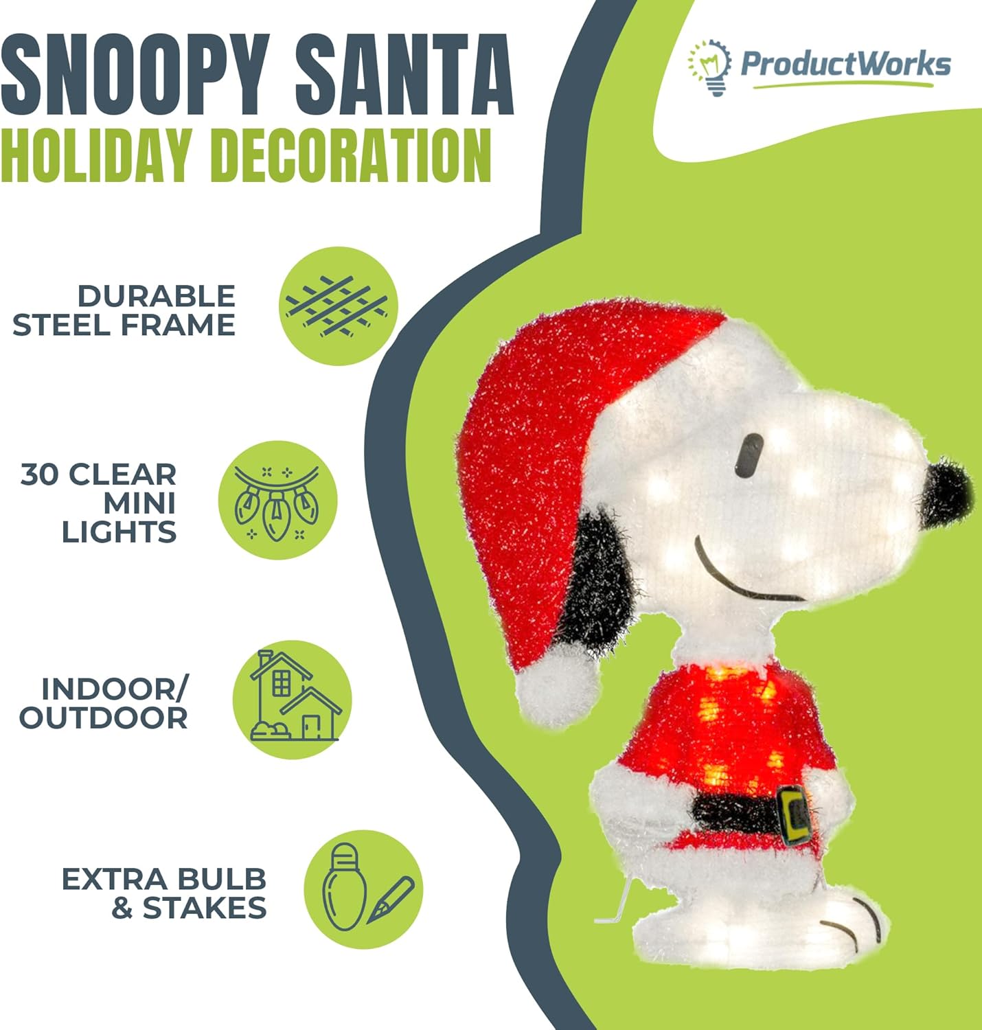ProductWorks Peanuts Pre-Lit Snoopy Santa Decoration Indoor/Outdoor Christmas Yard Ornament, Holiday Display with 30 Lights, 18 Inches