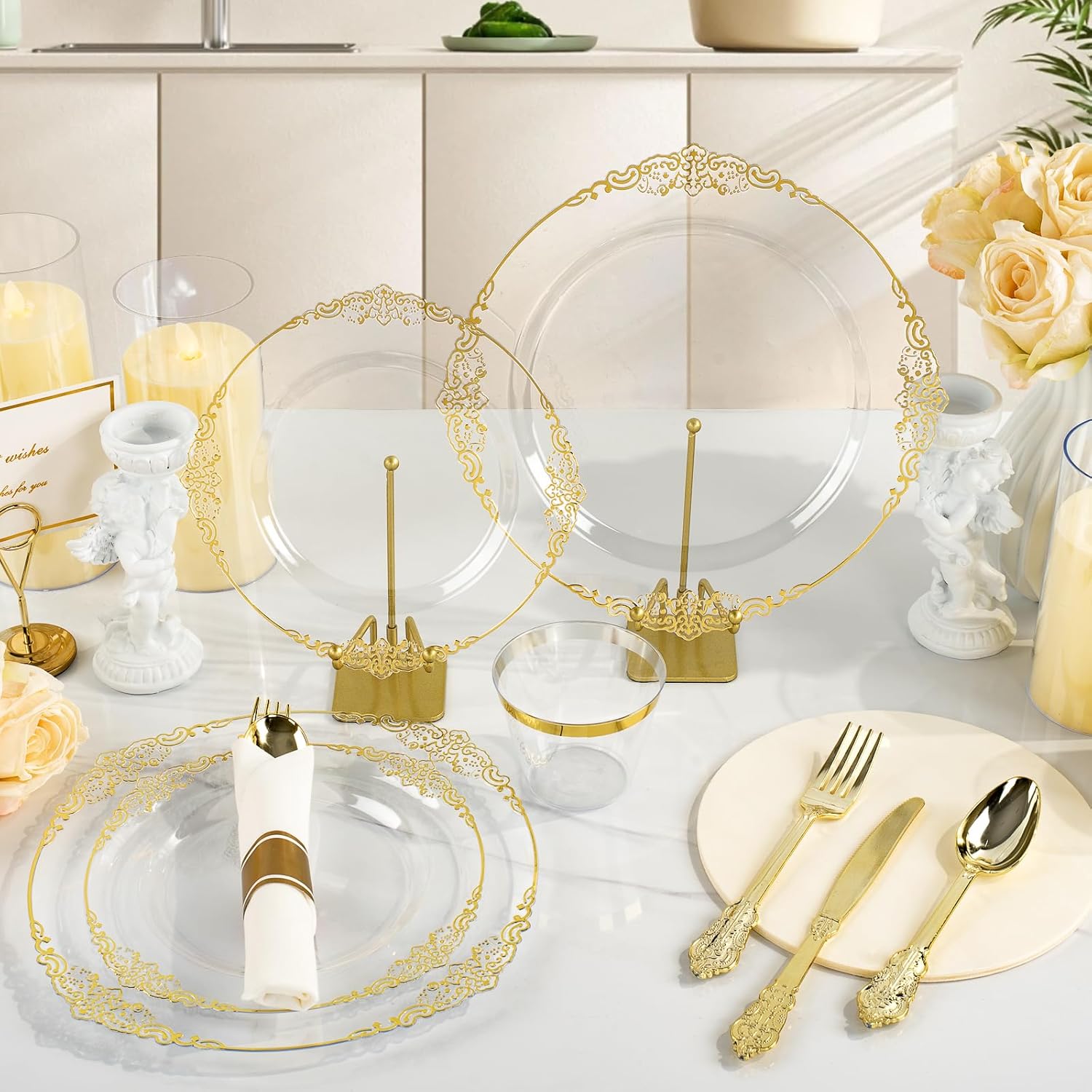 350PCS Clear Plastic Plates for 50 Guests, Disposable Dinnerware Sets Include 50 Gold Rim Plastic Plates, 25 Silverwares, 25 Cups, and 25 Pre Rolled Napkins for Party, Wedding and Graduation - Image 4