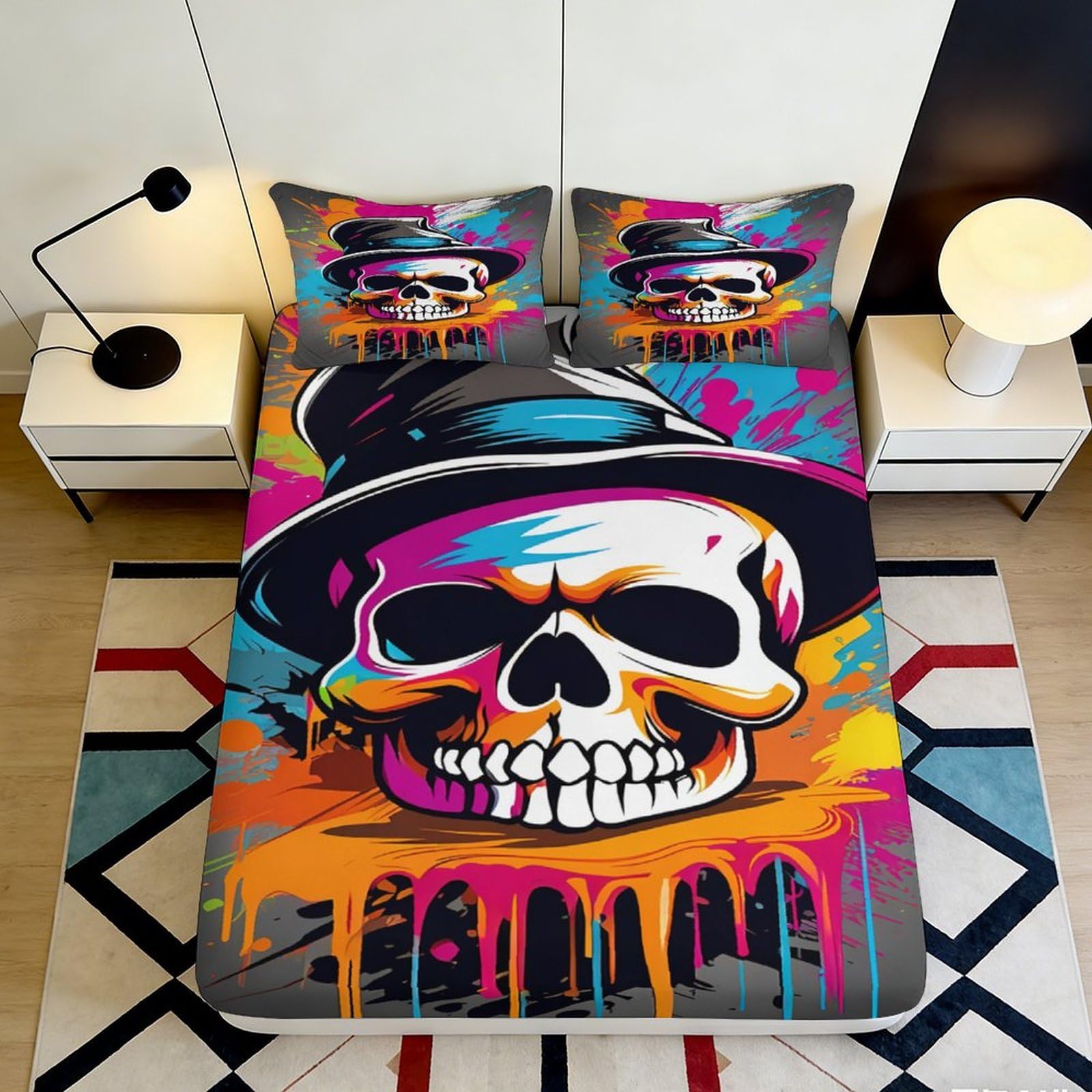 Pnayamiorkfel Style-2 3D Printed Graffiti Skull Fitted Sheet Microfiber Soft Colorful Hat Bed Cover For Bedroom Dorm Mattress Decor 90X200x25cm