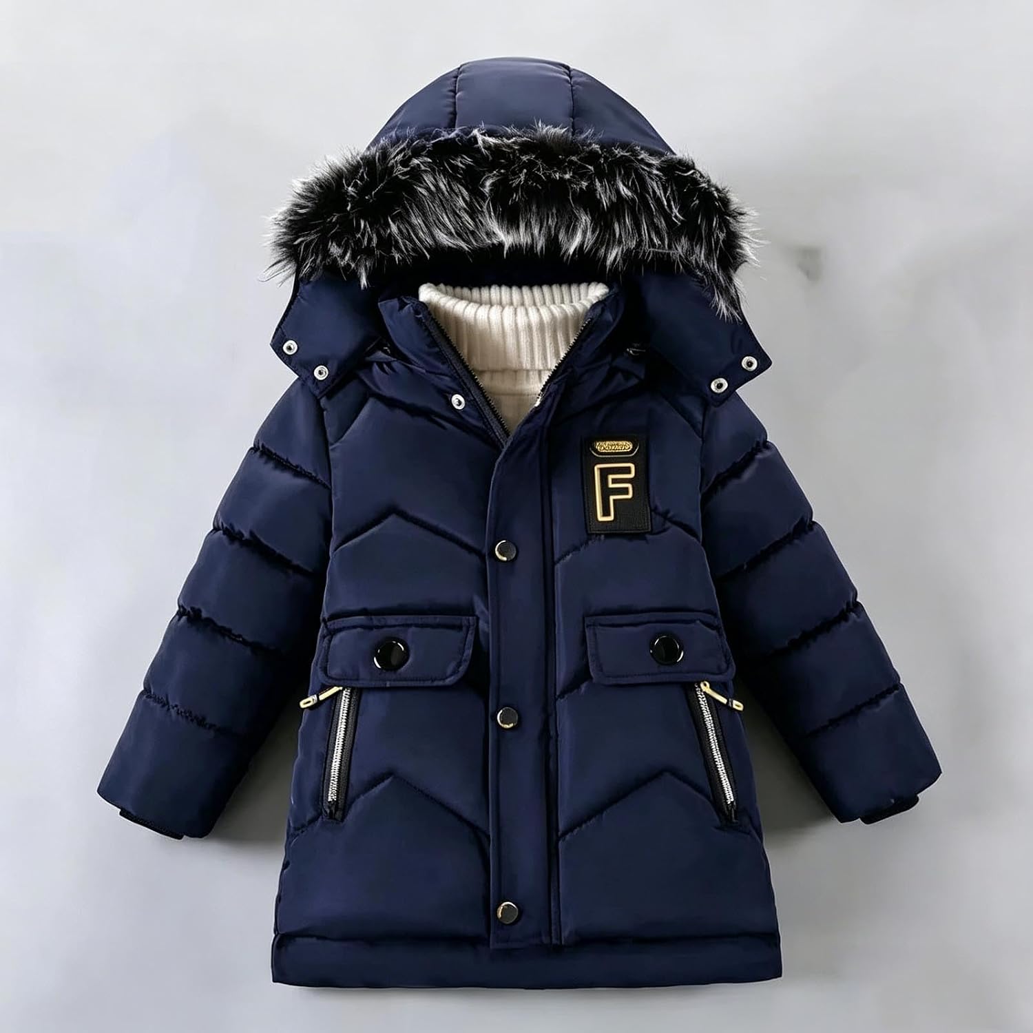 Boys Long Quilted Coat Faux Fur Hooded Winter Parka Pockets