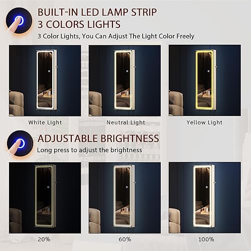 Miniatura 2 de Armario de joyería con espejo, espejo de longitud completa con almacenamiento, armario de joyería de montaje en puerta de pared con 3 luces de