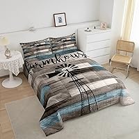 Vista 4 de Juego de edredón de molino de viento rústico, juego de ropa de cama de tablero de madera marrón y verde azulado, edredón retro de granja de campo