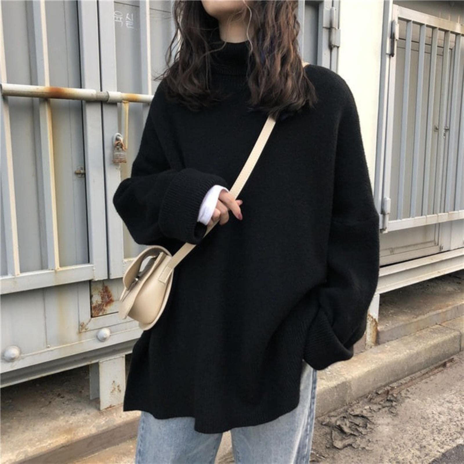 Choux Women's Black Turtleneck Sweater Spring And Autumn Solid Color Knitted Pullover Basic Model Blue White Pullover Pullover -,M
