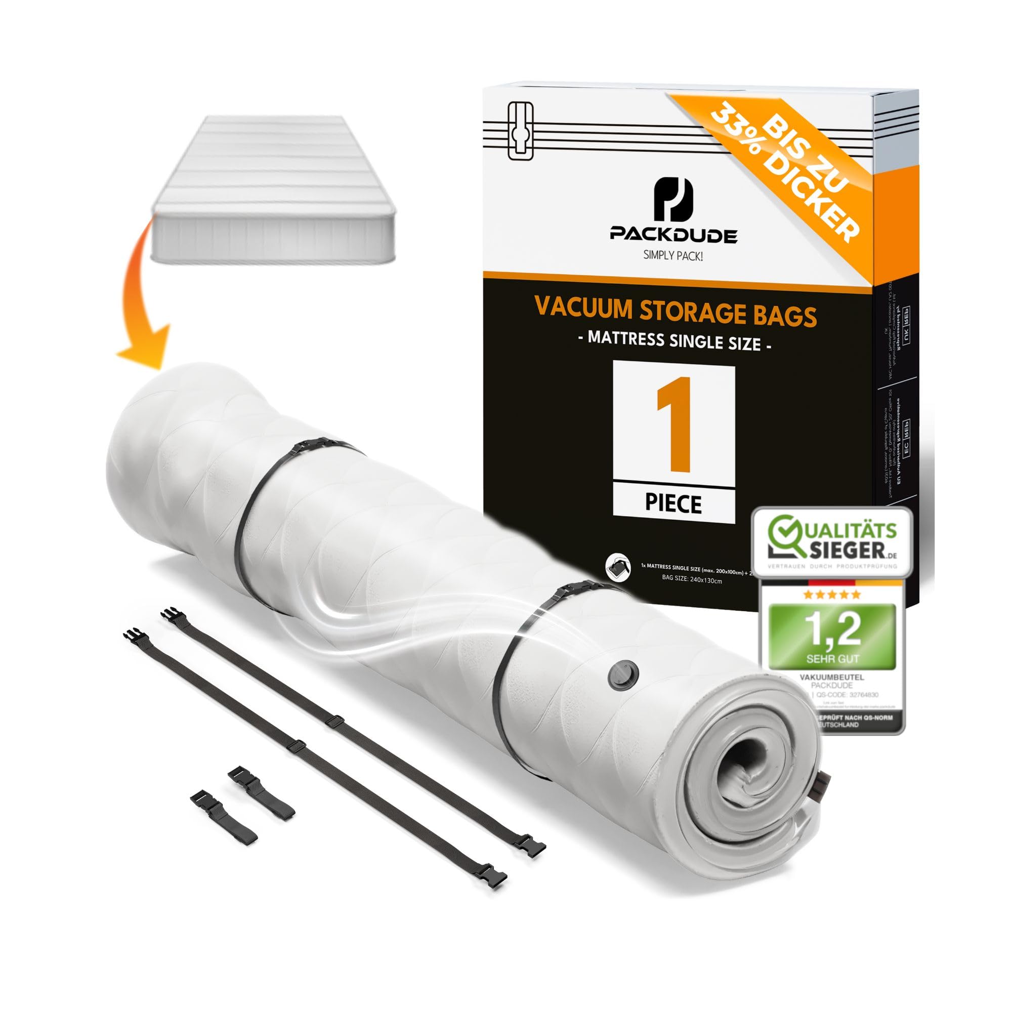 PACKDUDE Vakuumbeutel für Matratzen bis 200x100cm (Beutelgröße: 240x130cm) I Matratzen Vakuumbeutel für Schaumstoff-, Gel- & Latexmatratzen I Mattress Vacuum Bag I Vakuumbeutel Matratze vakuumieren