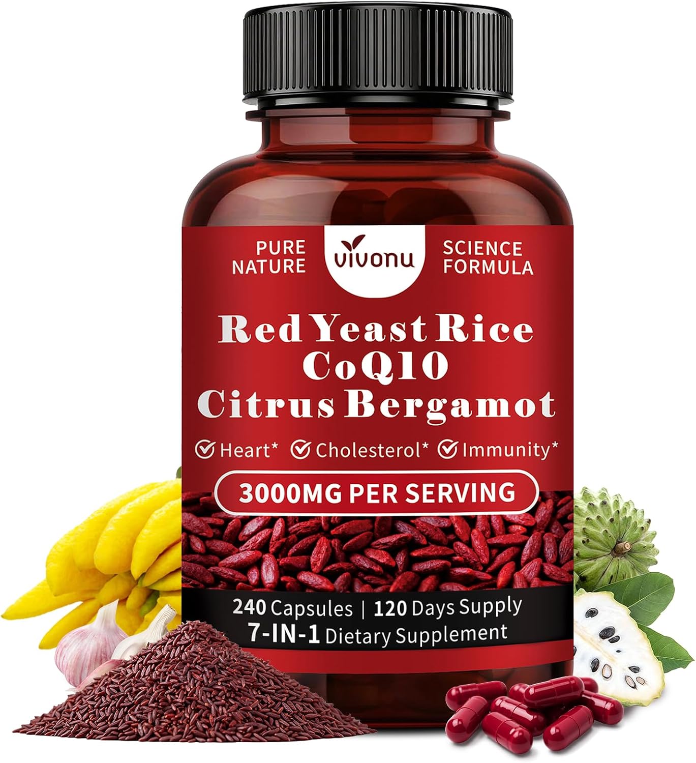VivoNu Red Yeast Rice with CoQ10, Citrus Bergamot Supplements* | 3000mg Red Yeast Rice, Citrus Bergamot, CoQ10, 240 Capsules
