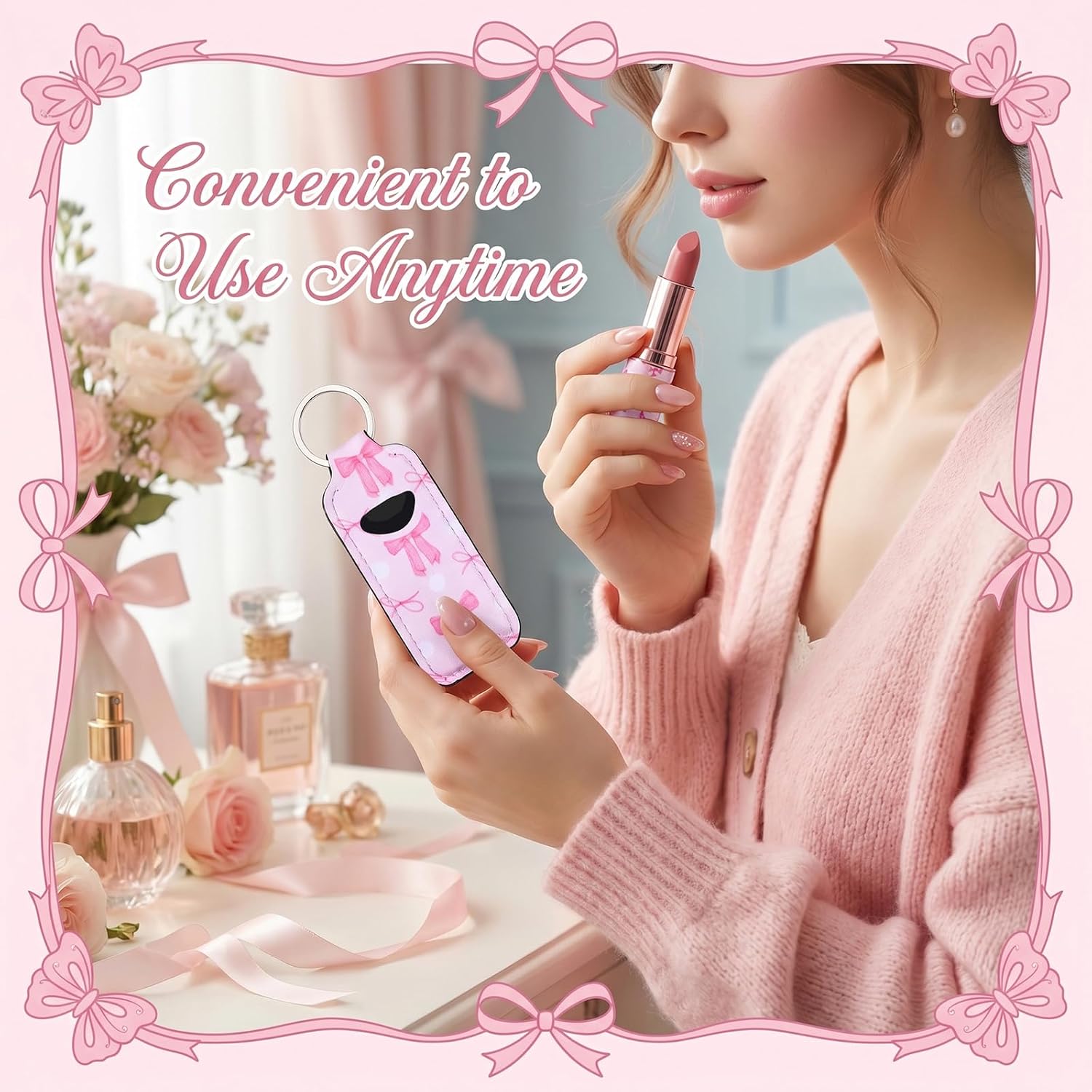 20 Pcs Lipstick Holder Keychain, Chapstick Holder Bulk, Coquette Pink Bow Keychain Charm Backpack Purse Accessories, Pink Party Favors for Women, Chapstick Lipstick Lip Balm Lip Gloss Organizer Sleeve