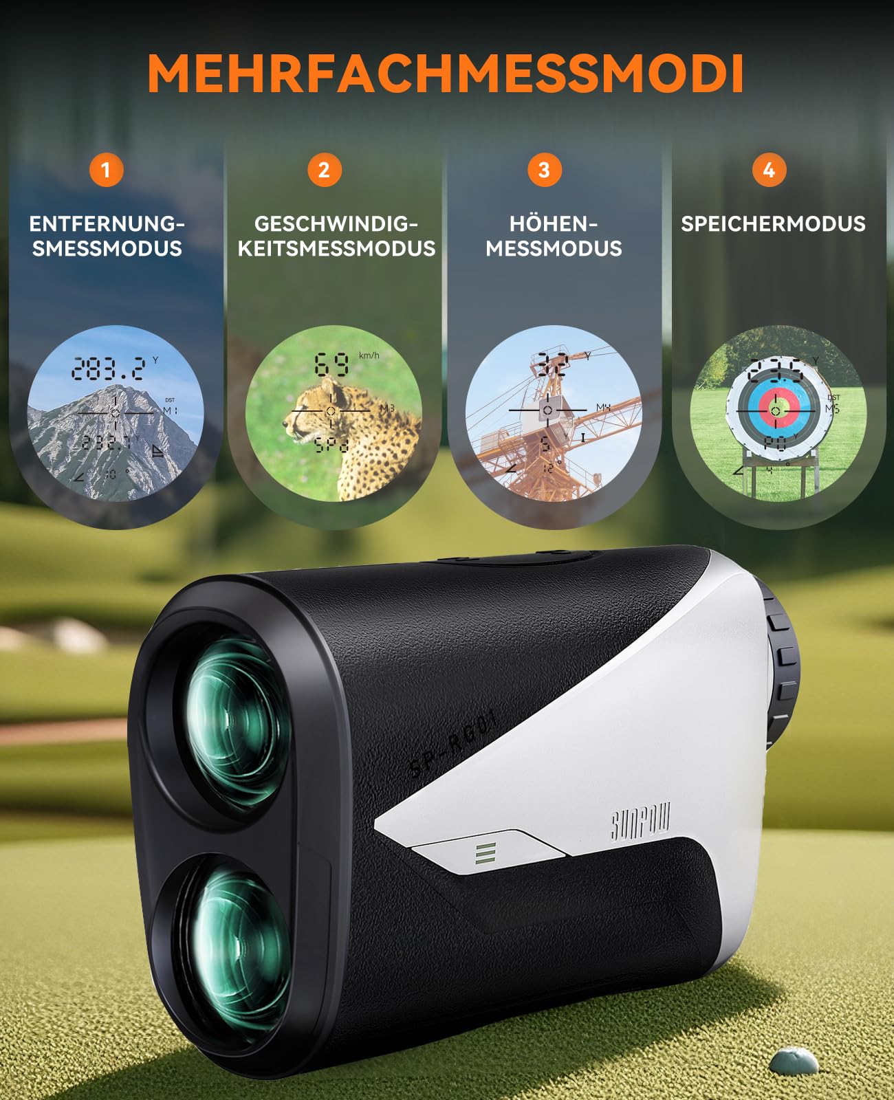 SUNPOW Golf Laser Entfernungsmesser – Slope, 7X, wasserdicht, wiederaufladbar. Zwei Modelle: 1200 Yards (1100m) mit Magnetstreifen oder 1000 Yards (914m). Beide inkl. Tasche & Ladekabel.
