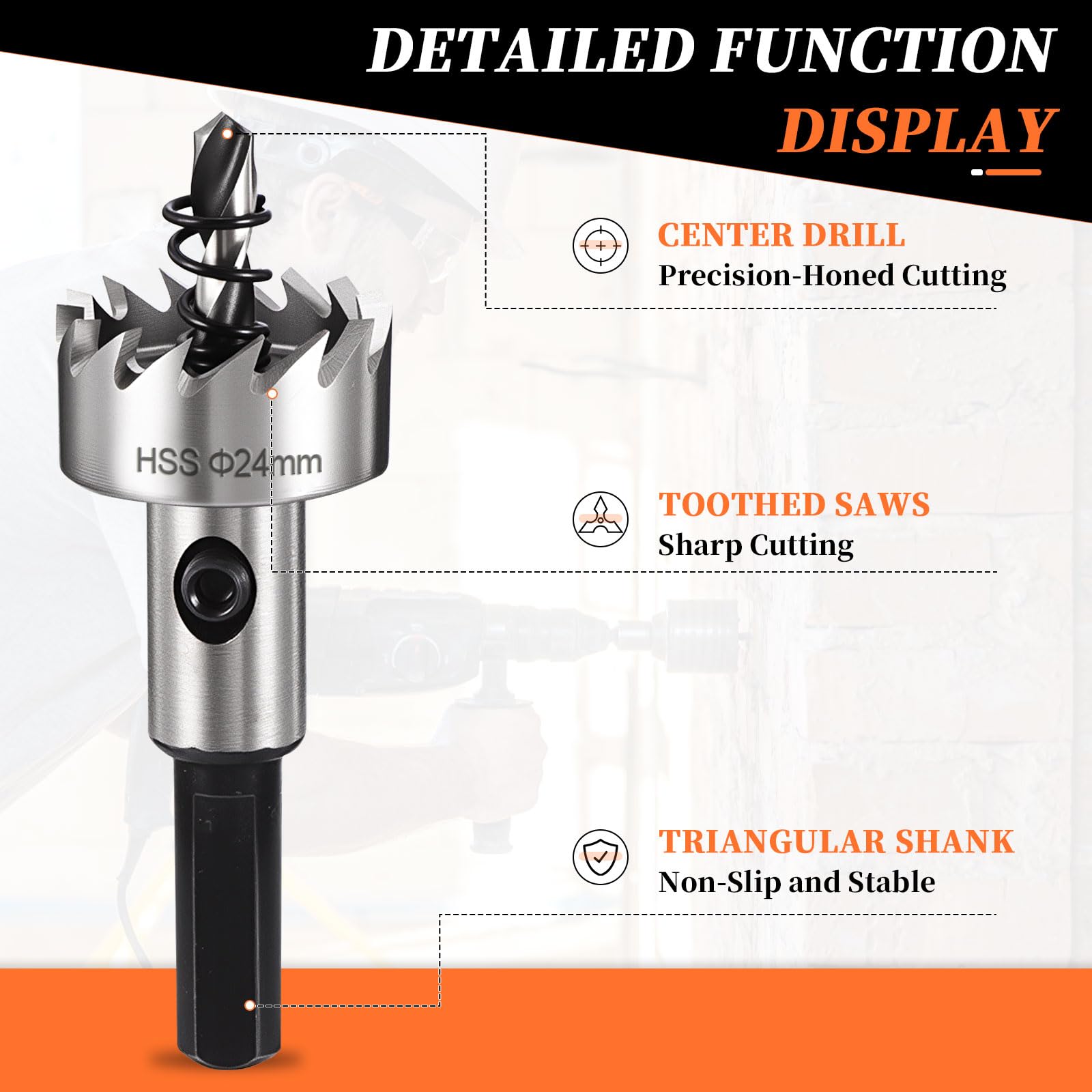 METALLIXITY Hole Saw 24mm (61/64"), M2 High Speed Steel Hole Cutter with Center Drill Bit, Hex Key and Spring - Image 3