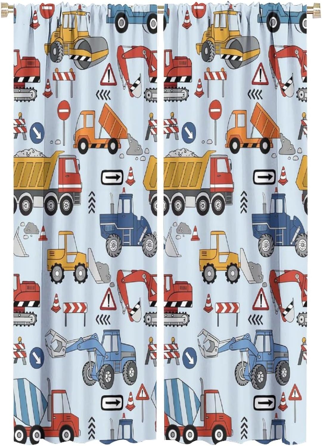 Cartoon Funny Construction Curtains,Boys Room Decor Colorful Truck Car Excavator Print Window Drapes Thermal Insulated Rod Pocket Blackout Curtains for Bedroom 2 Panels 63" L x 21" W
