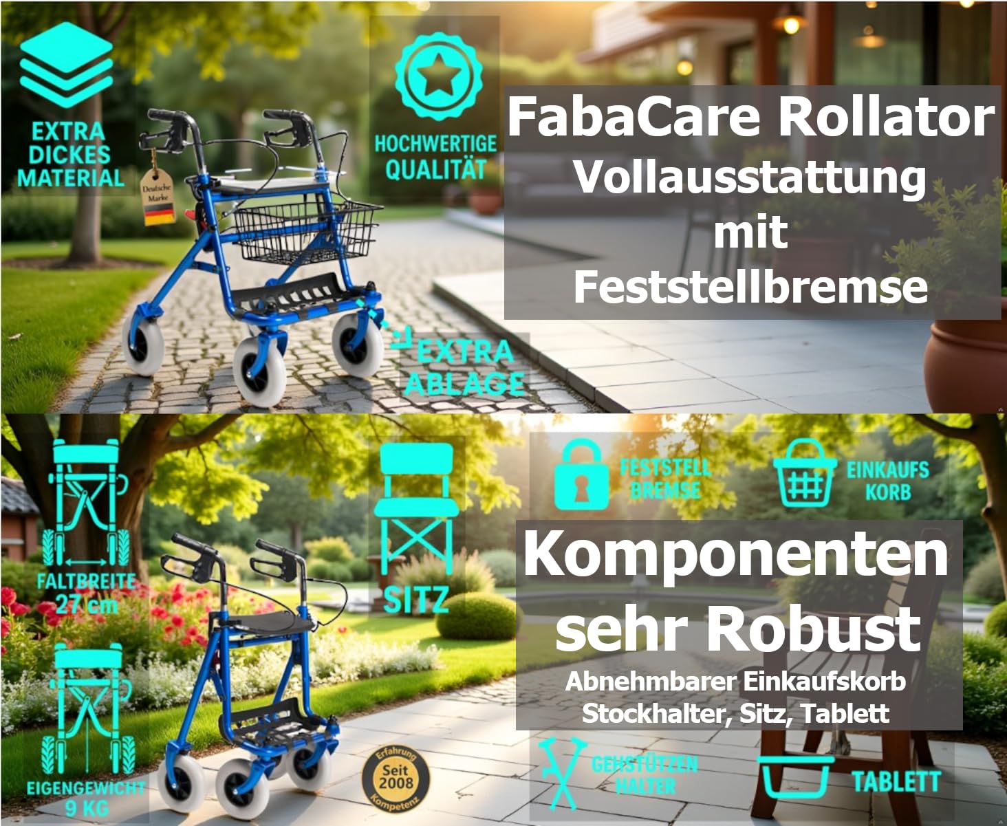 FabaCare Rollator mit Vollausstattung, Gehhilfe faltbar, Standardrollator, Korb, Sitz, Tablett, Farbe Blau