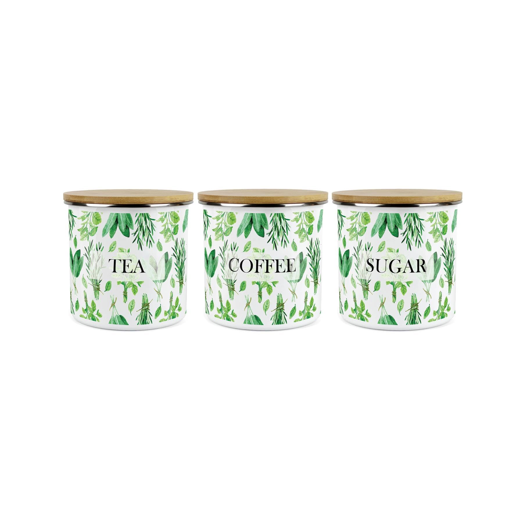 Purely Home Kitchen Herbs Storage Canister Set - White & Green Leaf Tea Coffee Sugar Metal Enamel Food Storage Containers Set of 3