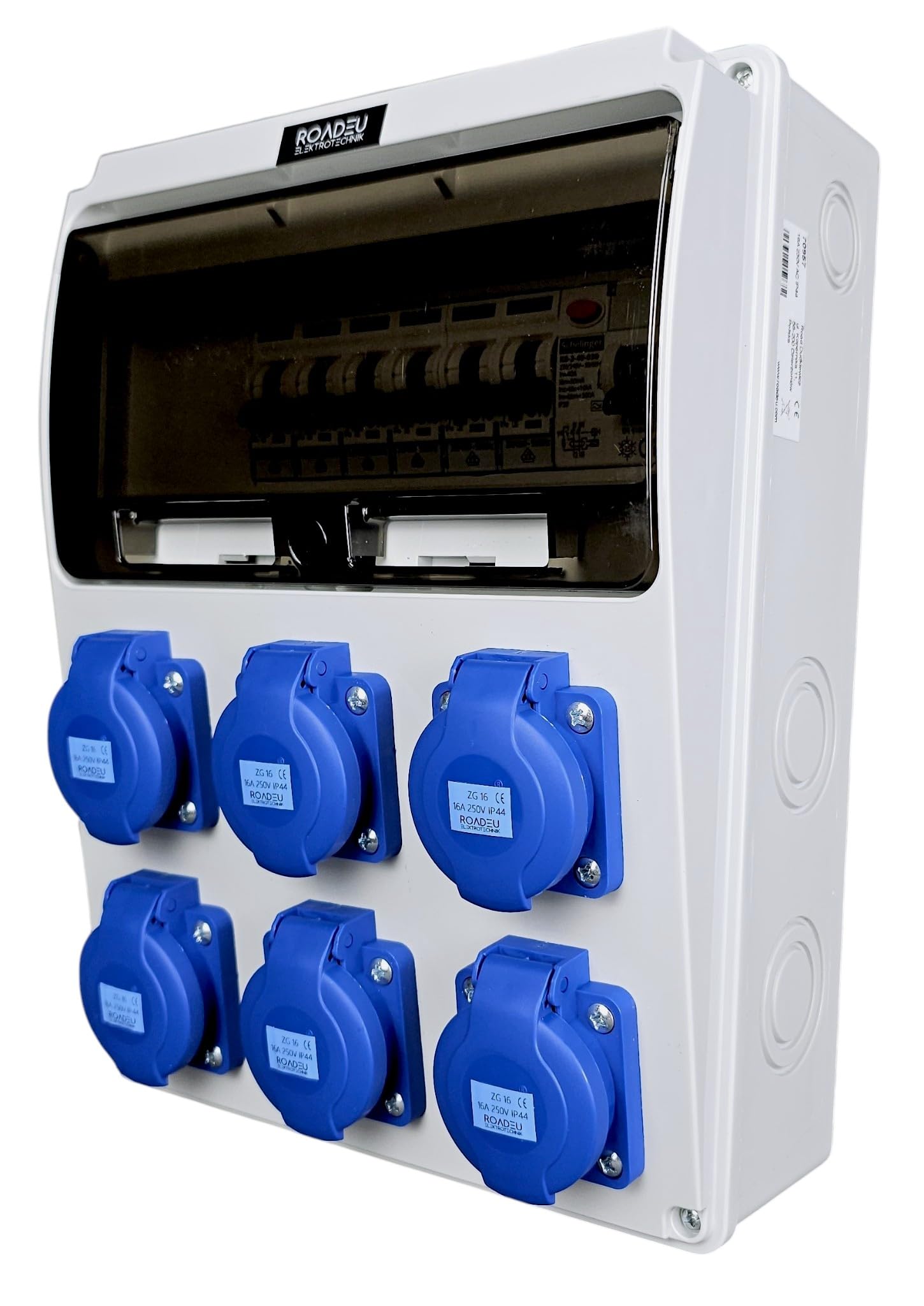 RoadEu Cuadro eléctrico 230V IP44 con diferencial y 6 tomas Schuko | Diferencial TÜV, 6 magnetotérmicos C16A VDE, cableado 2,5 mm², N+PE, PG16