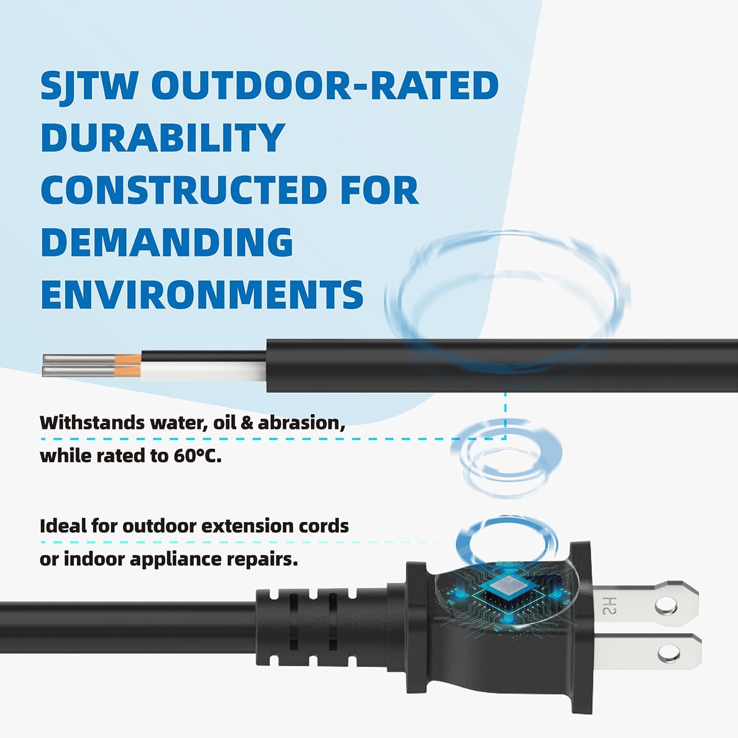 2-Prong SJTW Replacement Power Cord, Heavy Duty 16/2 Gauge Electrical Cable - 6 ft Outdoor Extension for Lamps, Appliances, Tools & Electronics (Black)