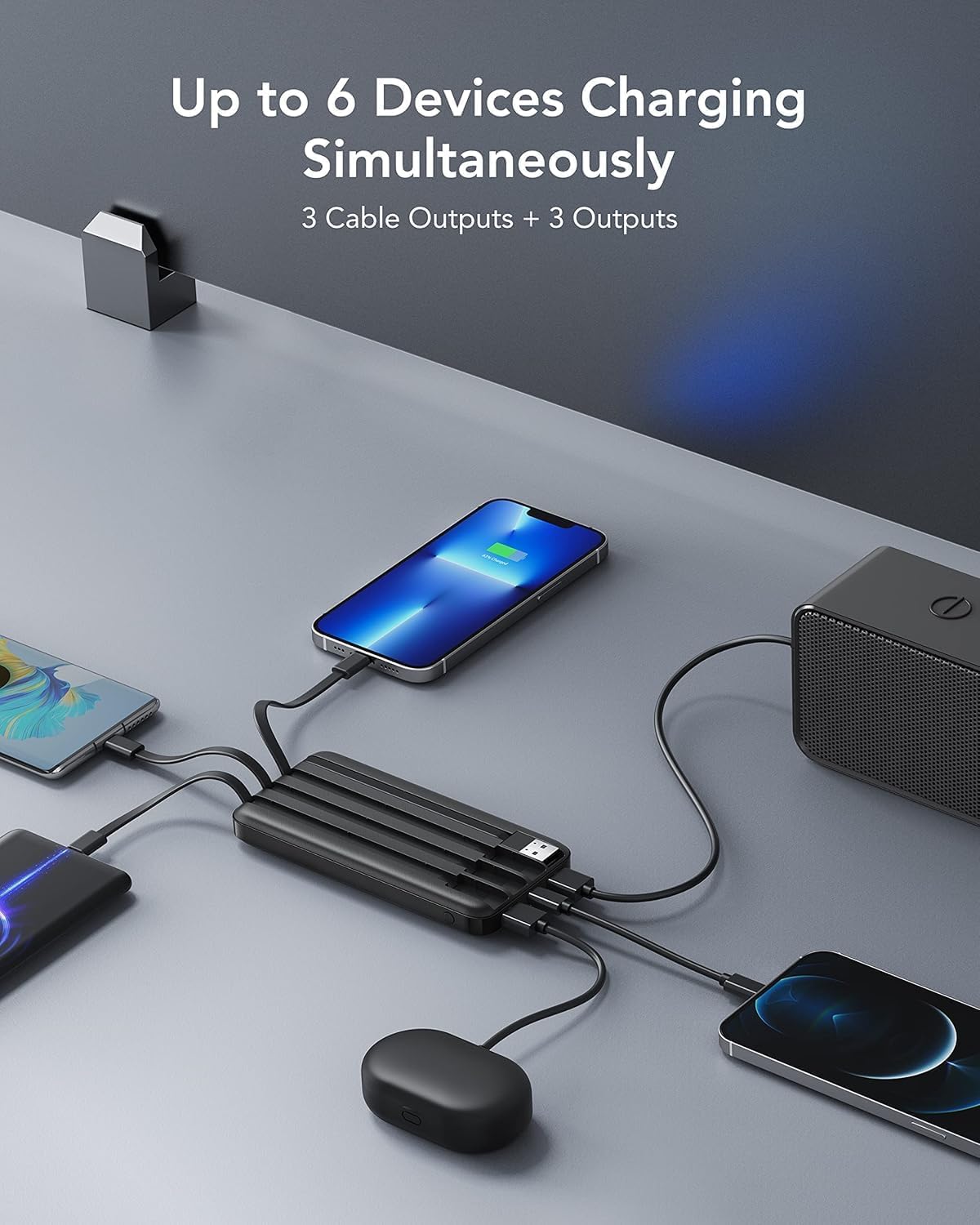 Charmast Power Bank 10000mAh con Cables Integrados, USB C Cargador Portátil 5V / 3A Powerbank Pantalla LED con 6 Salidas y 3 Entradas para iPhone Samsung Huawei Xiaomi — view 2