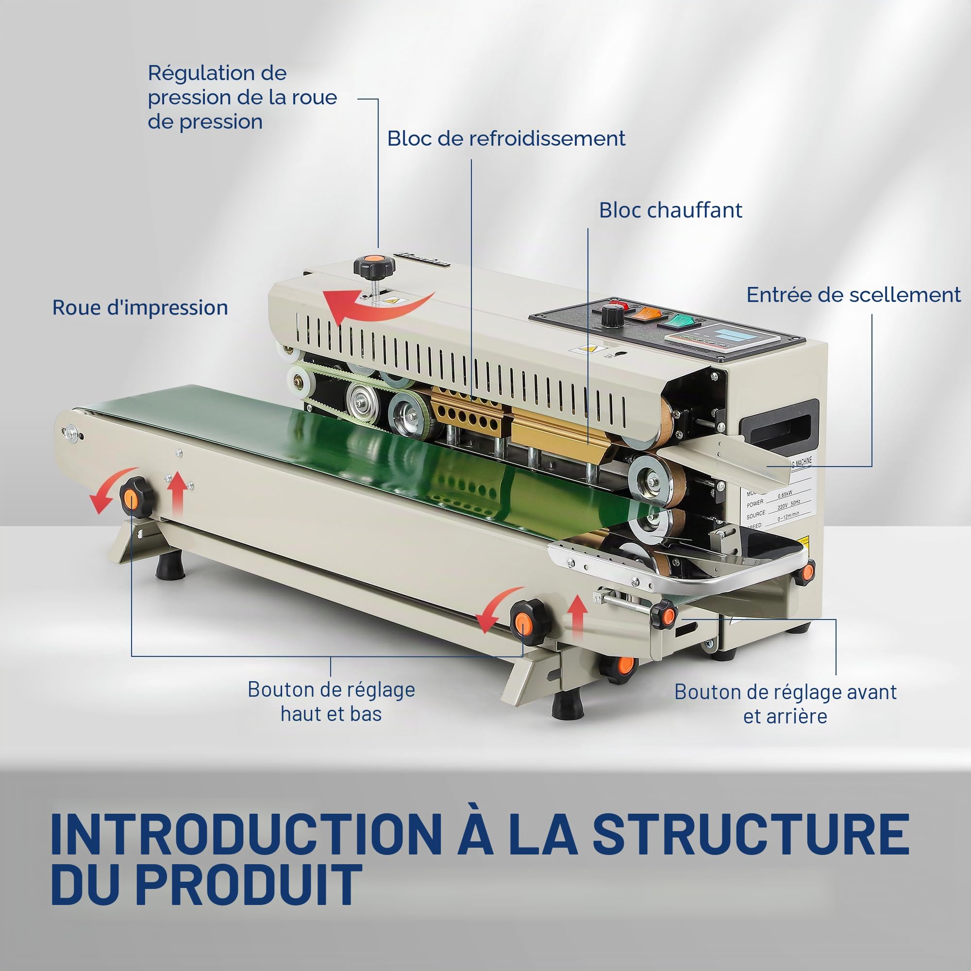 Hanchen Scellant à bande continue 6-12 mm, machine horizontale automatique avec contrôle numérique de température pour emballage domestique-commercial 220 V 600 W