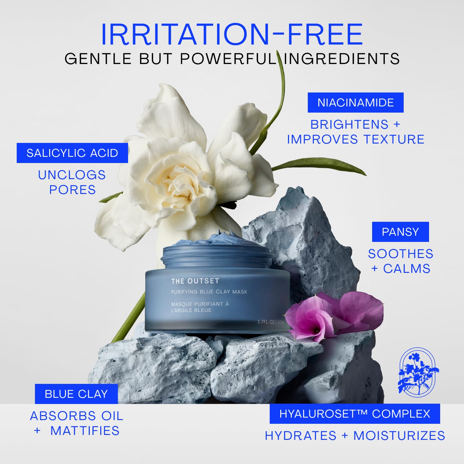 The Outset Mascarilla purificadora de arcilla azul, suave, sin fragancia, desintoxicante, sin secado, hidratante, aclarante para puntos negros y poros, limpia, vegana, sin gluten, para todo tipo de