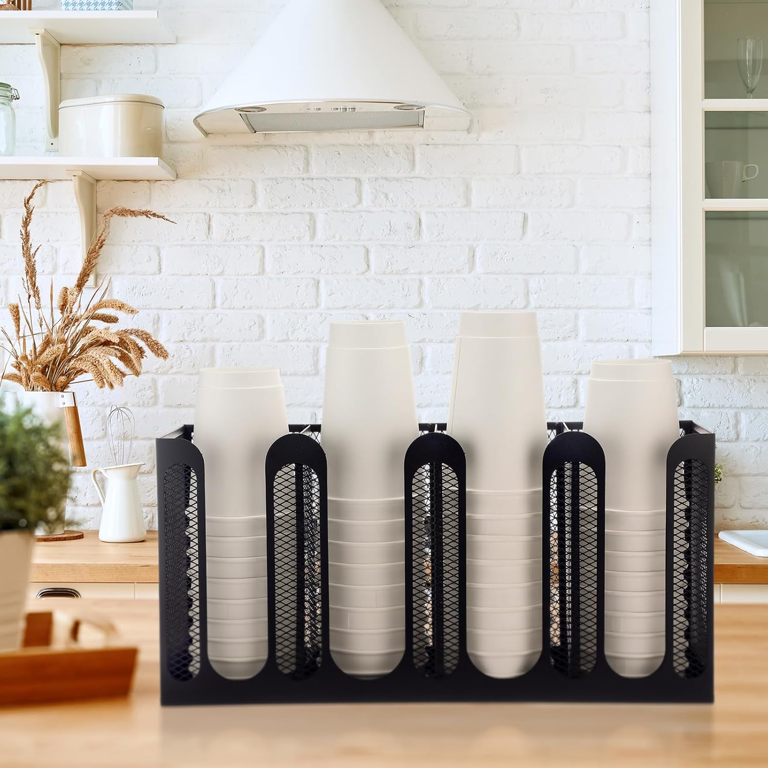Maxcheck Metal Mesh Cup and Lid Holder Coffee Paper Cup Dispenser Lid Holder Storage Organizer Countertop or Wall Mount for Coffee Bar, Kitchen, Breakroom(4 Compartments,16.1 x 4.1 x 8 Inch)